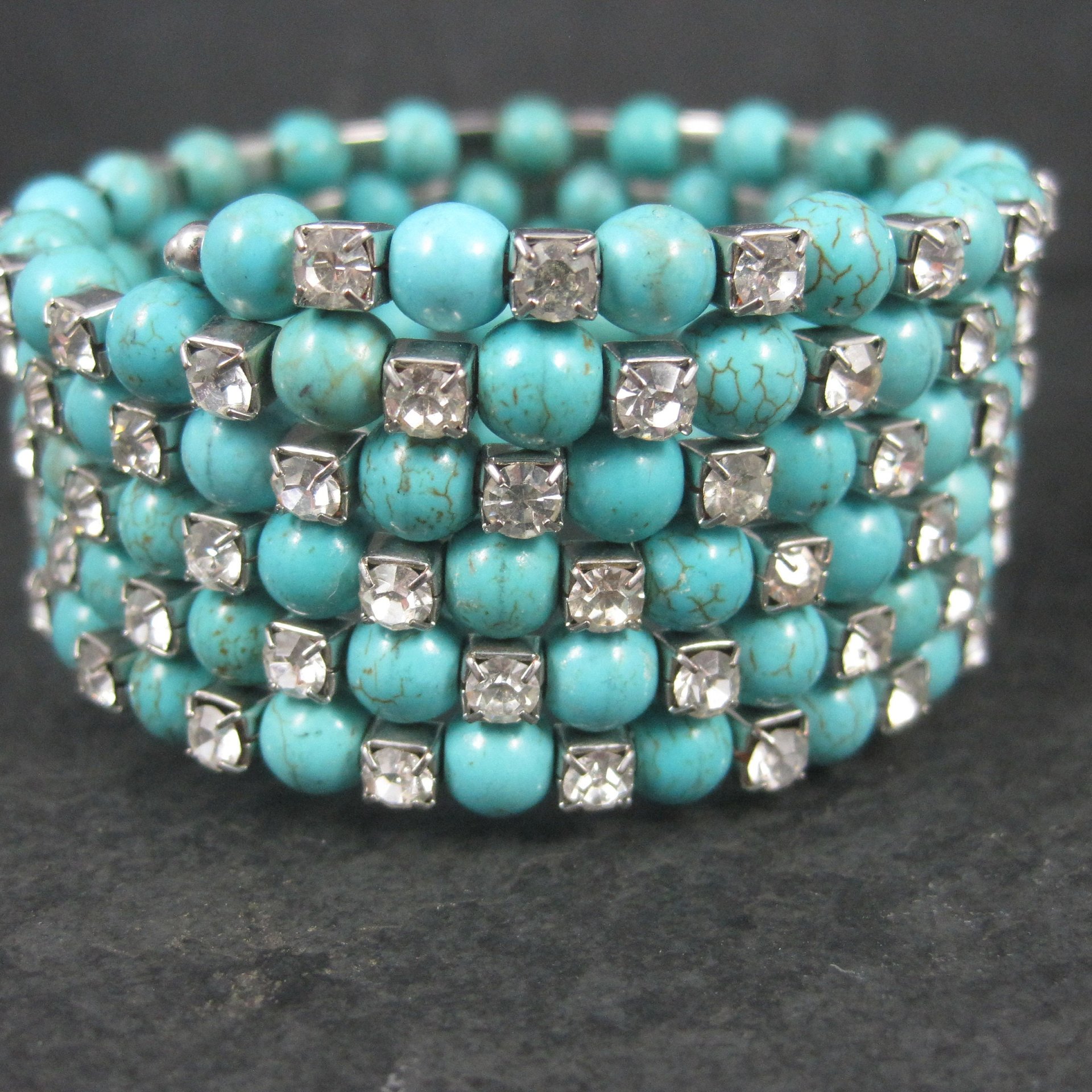 Vintage Turquoise Magnesite Rhinestone Wrap Bracelet 6.5 Inches