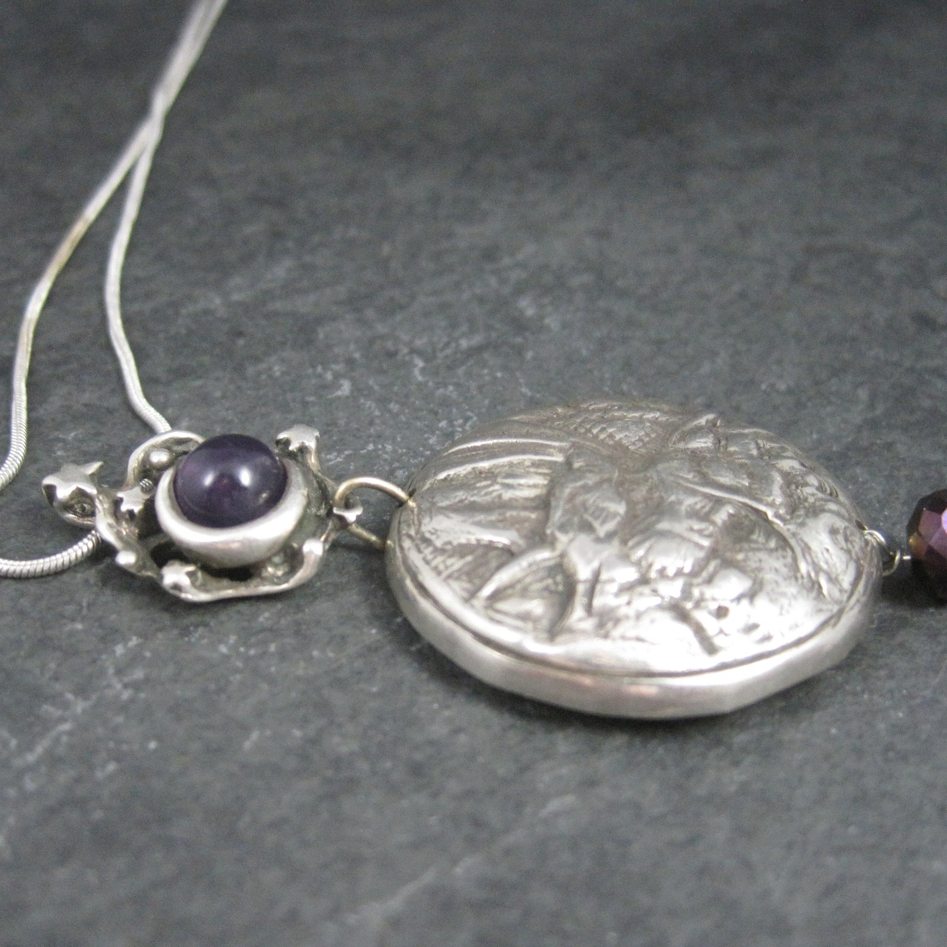 Heavy Sterling Amethyst Dragon Moon Pendant Necklace