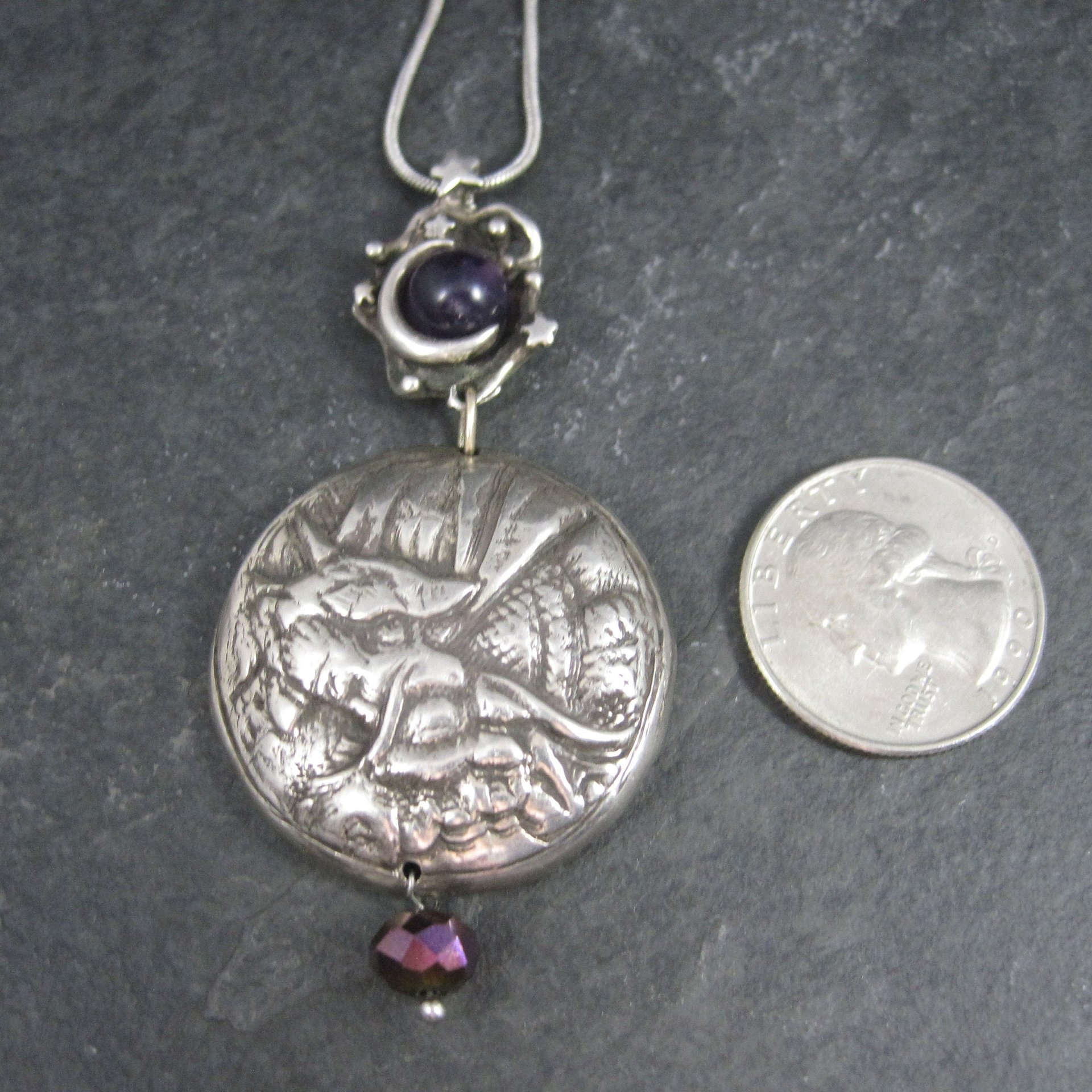 Heavy Sterling Amethyst Dragon Moon Pendant Necklace