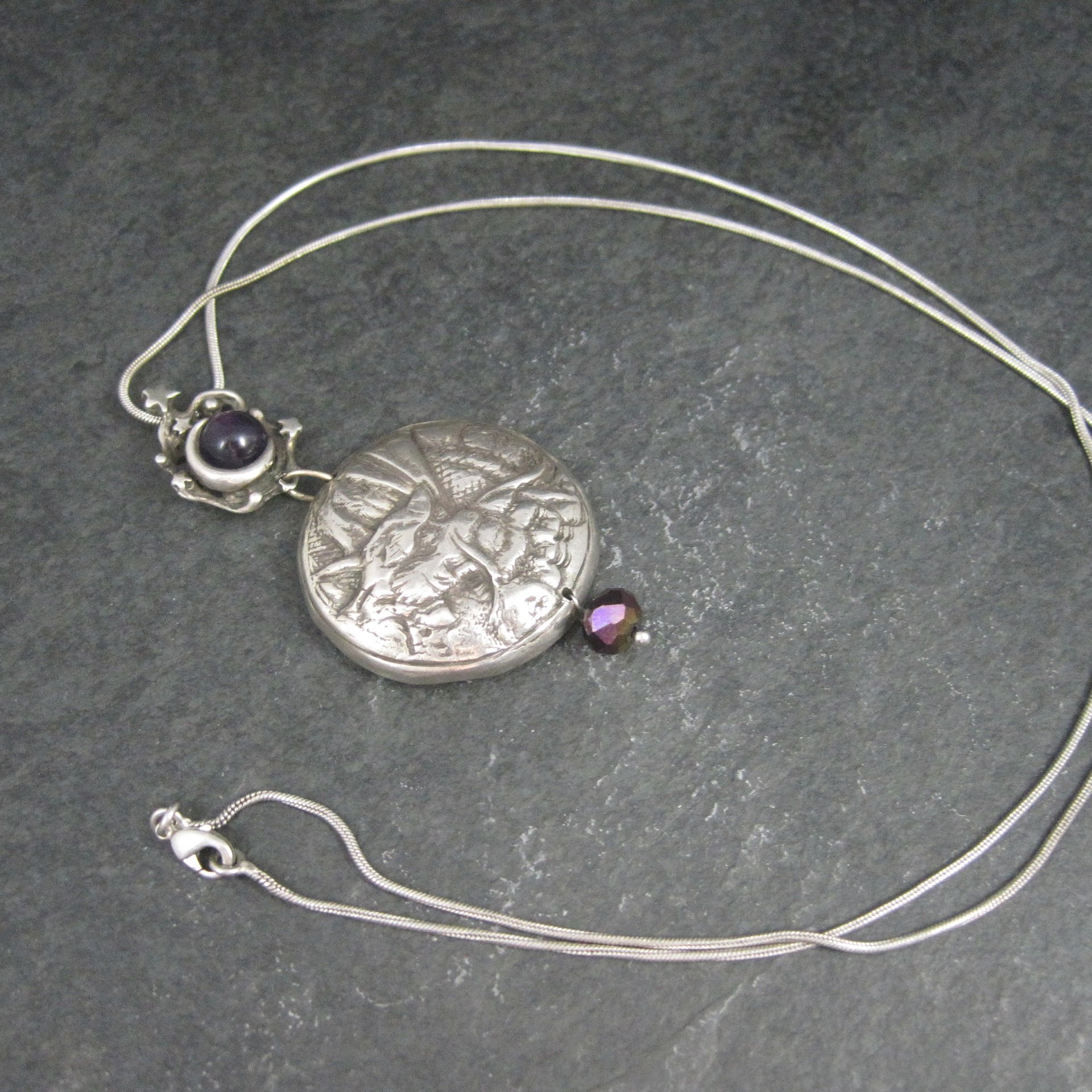 Heavy Sterling Amethyst Dragon Moon Pendant Necklace