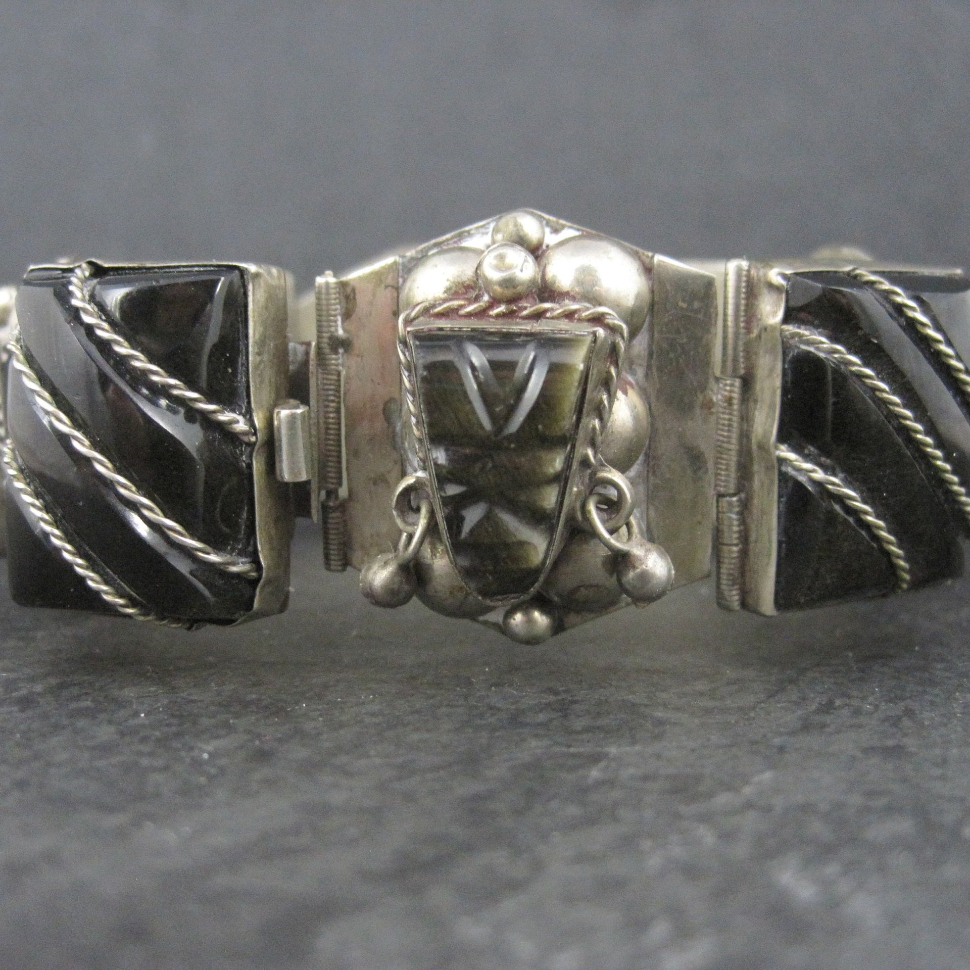 Vintage Mexican Sterling Obsidian Mask Panel Bracelet 7 Inches