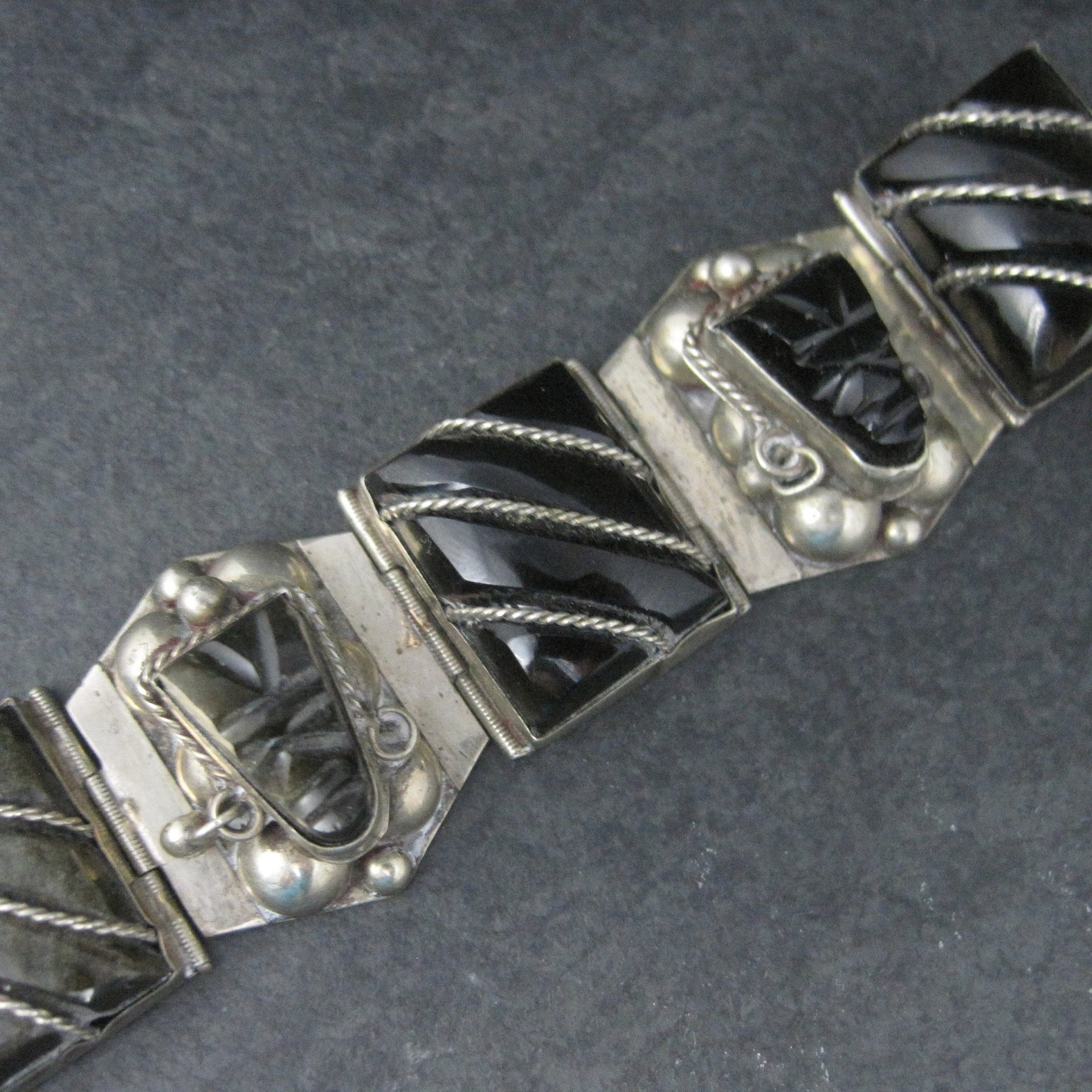 Vintage Mexican Sterling Obsidian Mask Panel Bracelet 7 Inches