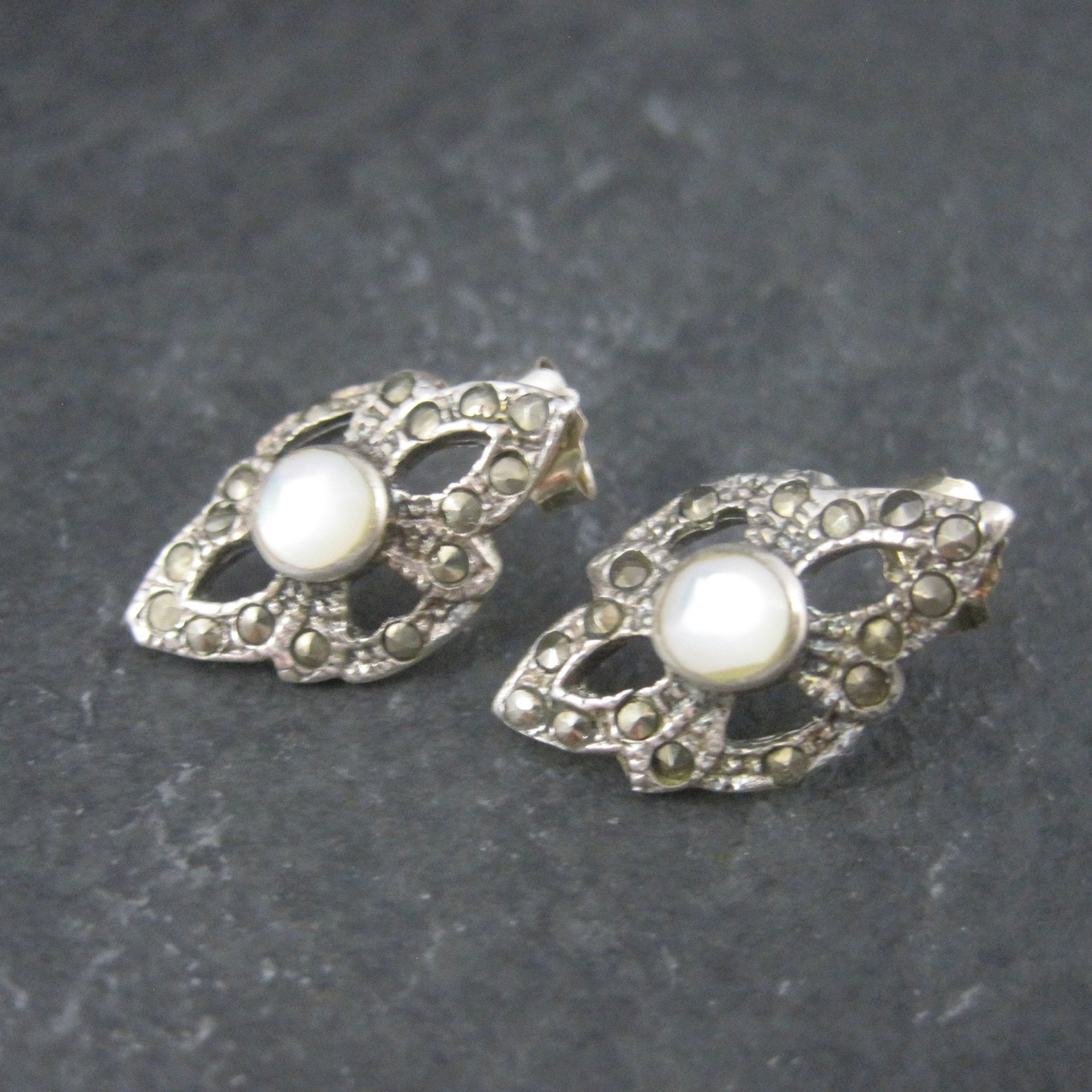 Vintage Sterling Mother of Pearl Marcasite Earrings