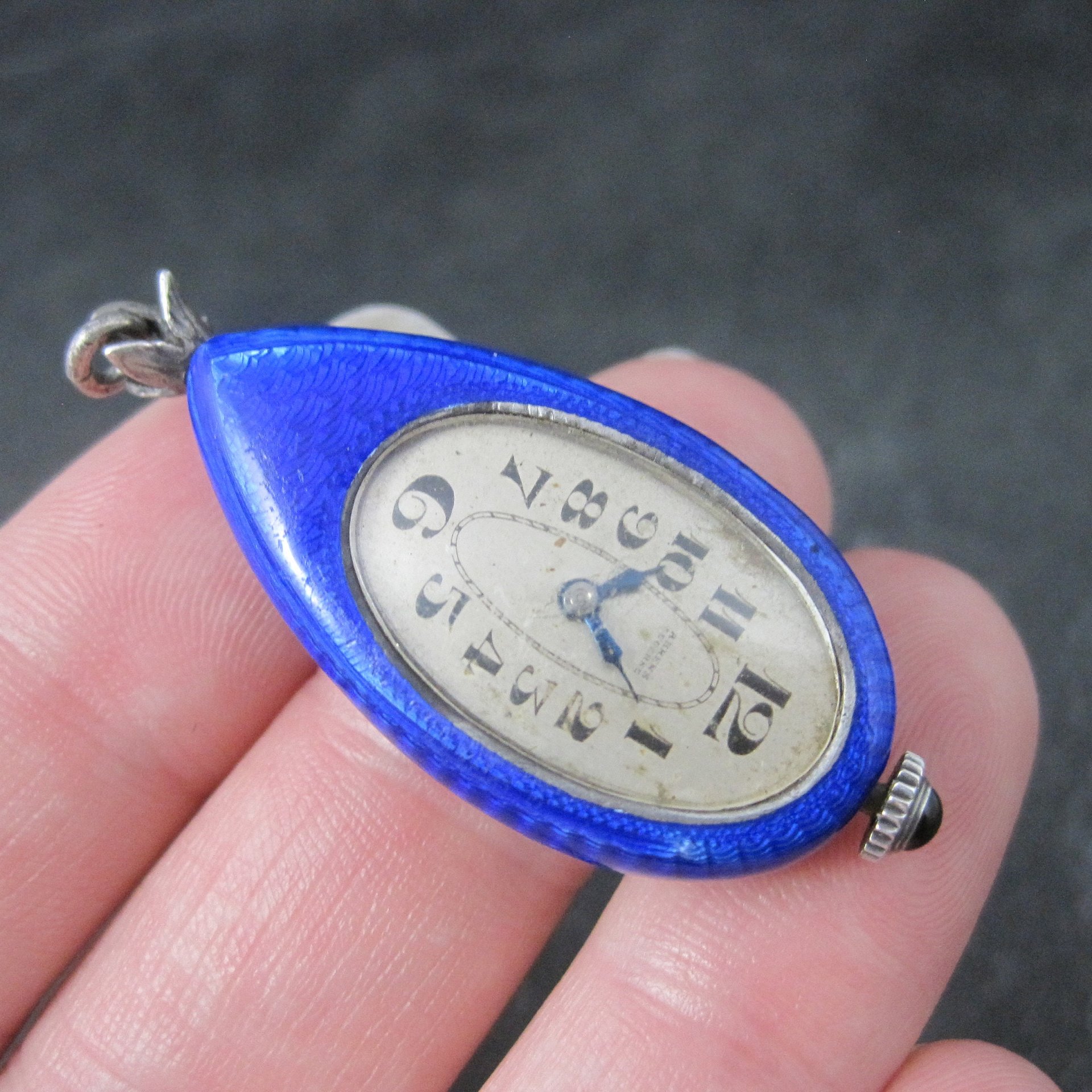 Ahrens Lucerne Art Deco Sterling Blue Enamel Watch Pendant