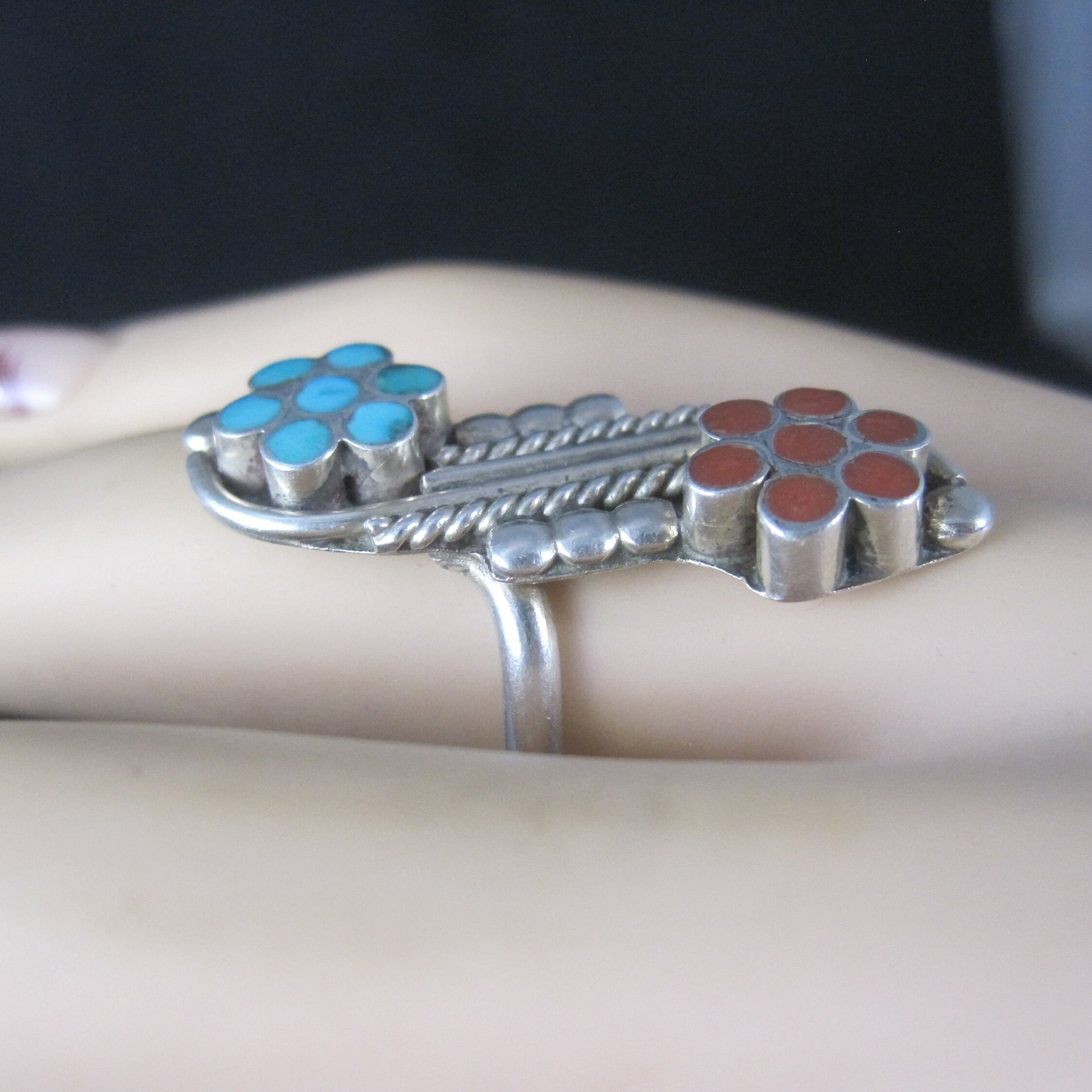 Southwestern Sterling Turquoise Coral Inlay Flower Ring Size 5.5