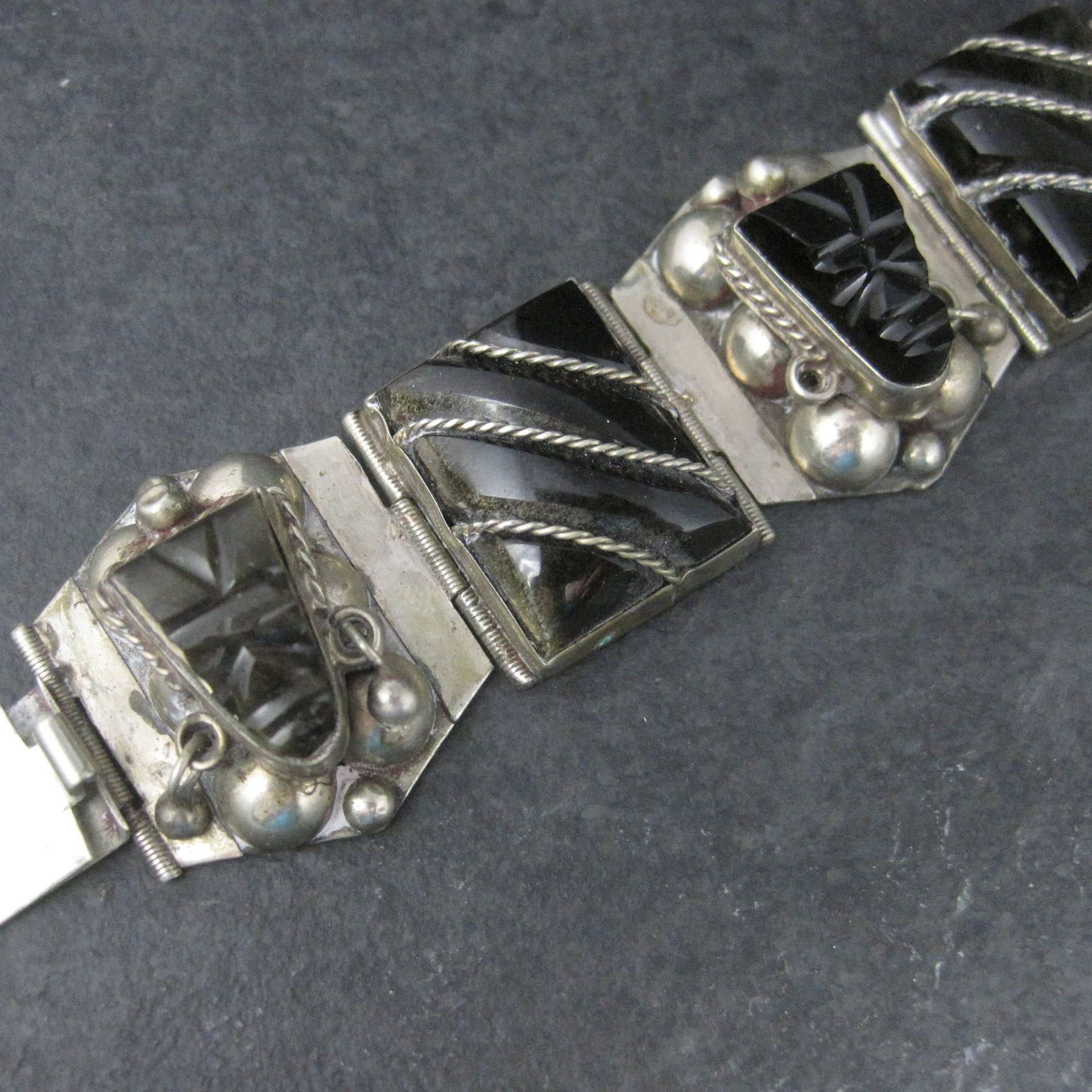 Vintage Mexican Sterling Obsidian Mask Panel Bracelet 7 Inches