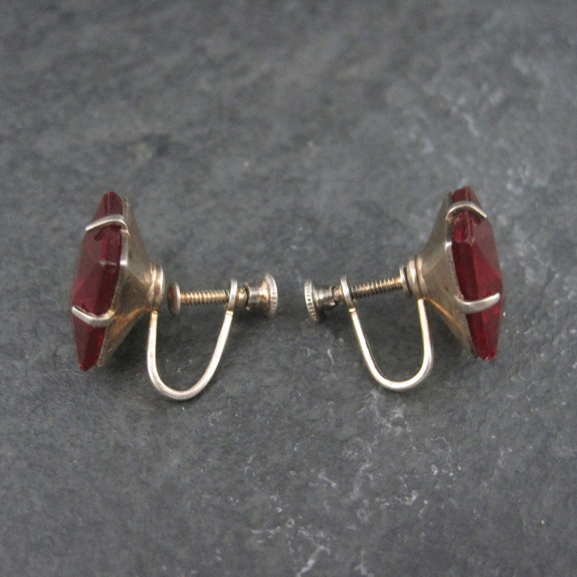 Vintage Vermeil Sterling Red Glass Screw Back Earrings