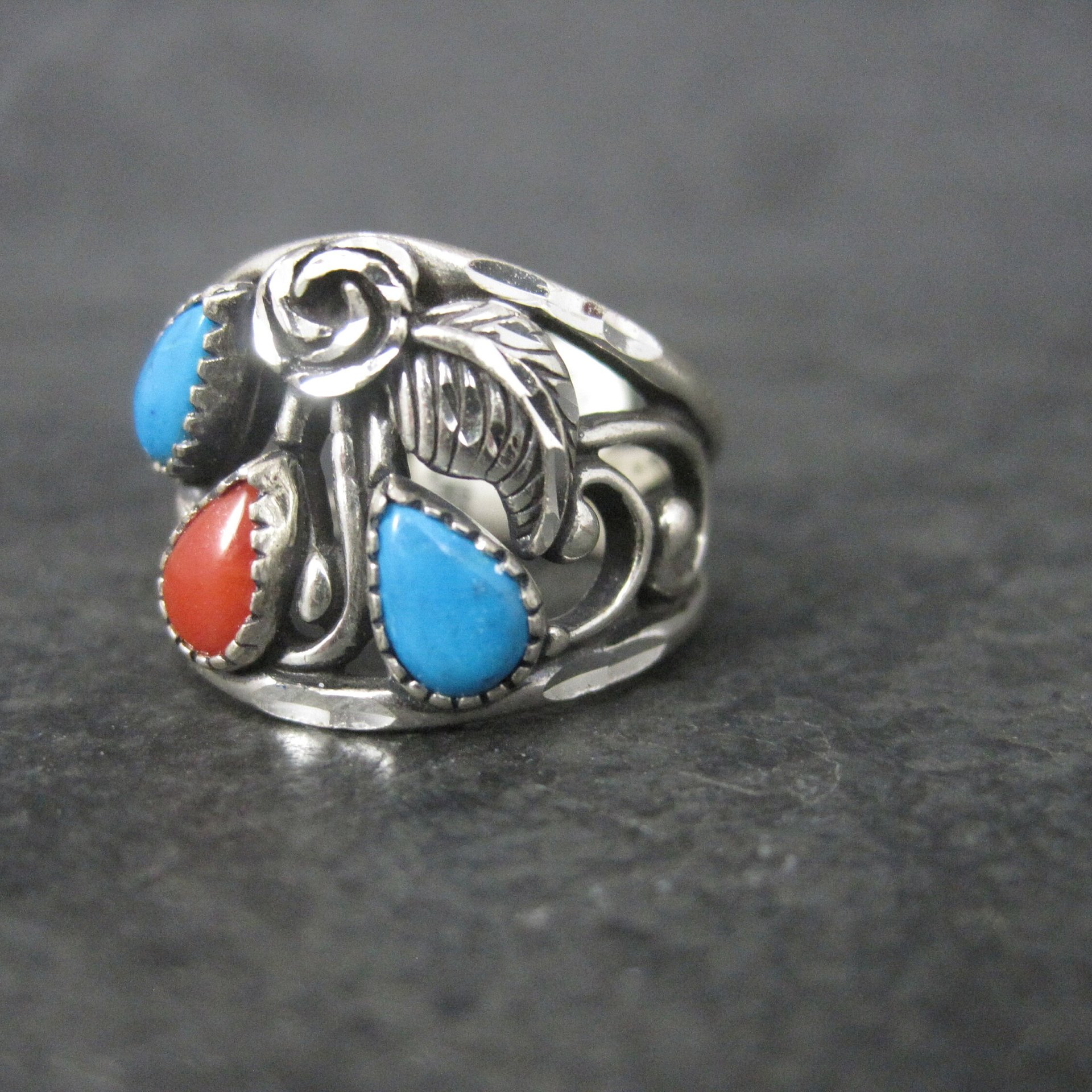 Southwestern Sterling Faux Turquoise Coral Ring Size 5.5