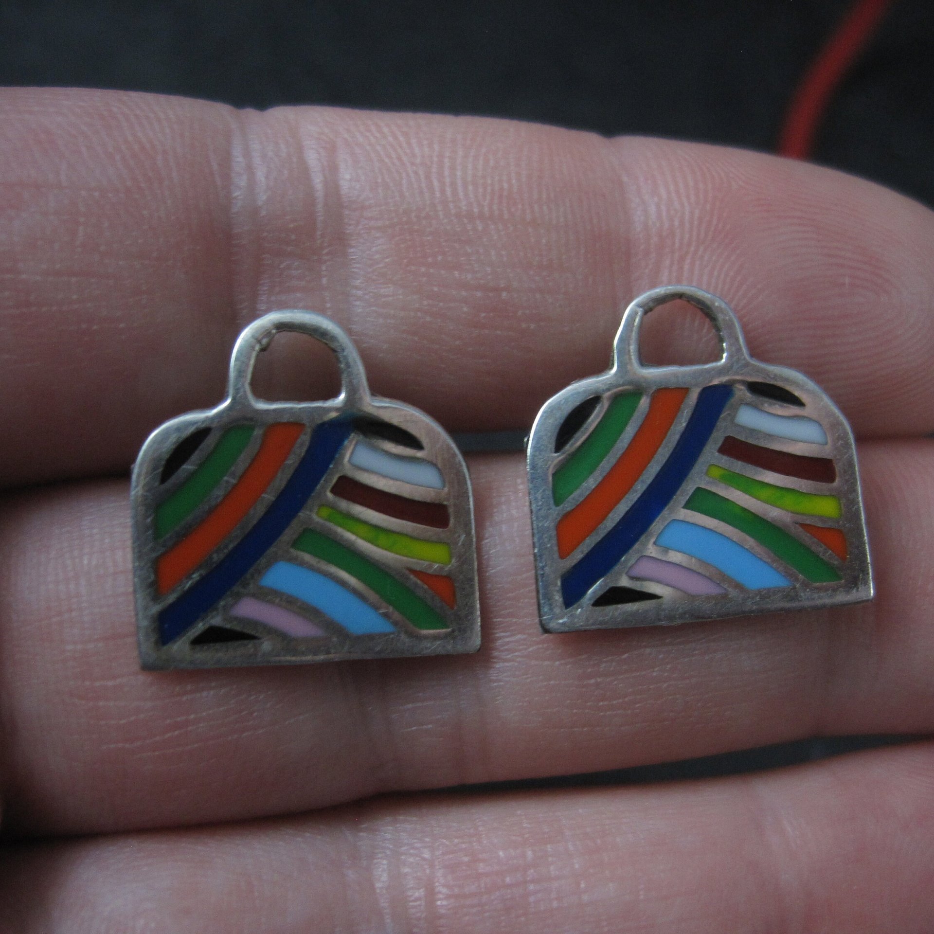 Vintage Enamel Sterling Handbag Necklace Earrings Jewelry Set