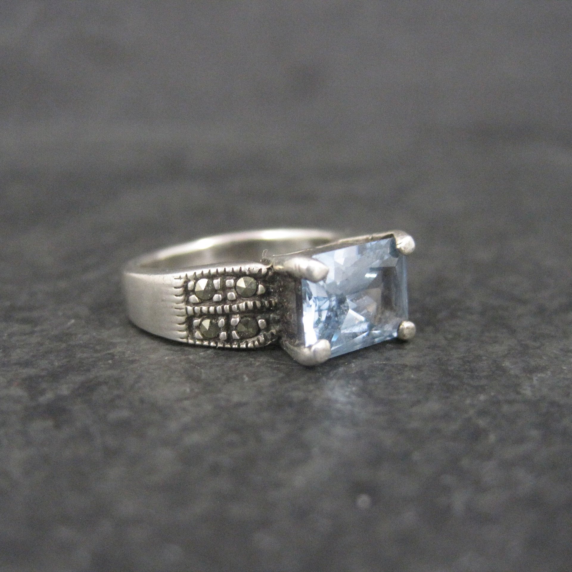 Vintage Sterling Blue Topaz Marcasite Ring Size 6
