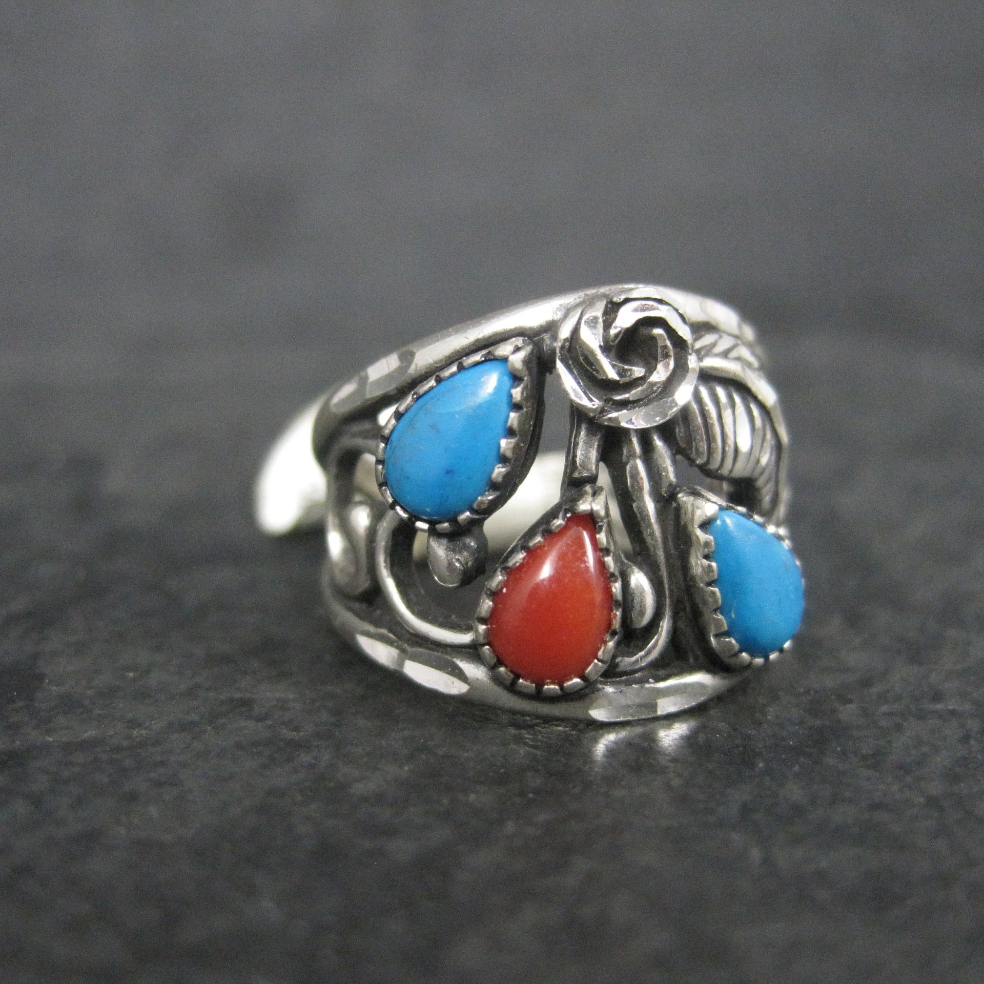 Southwestern Sterling Faux Turquoise Coral Ring Size 5.5