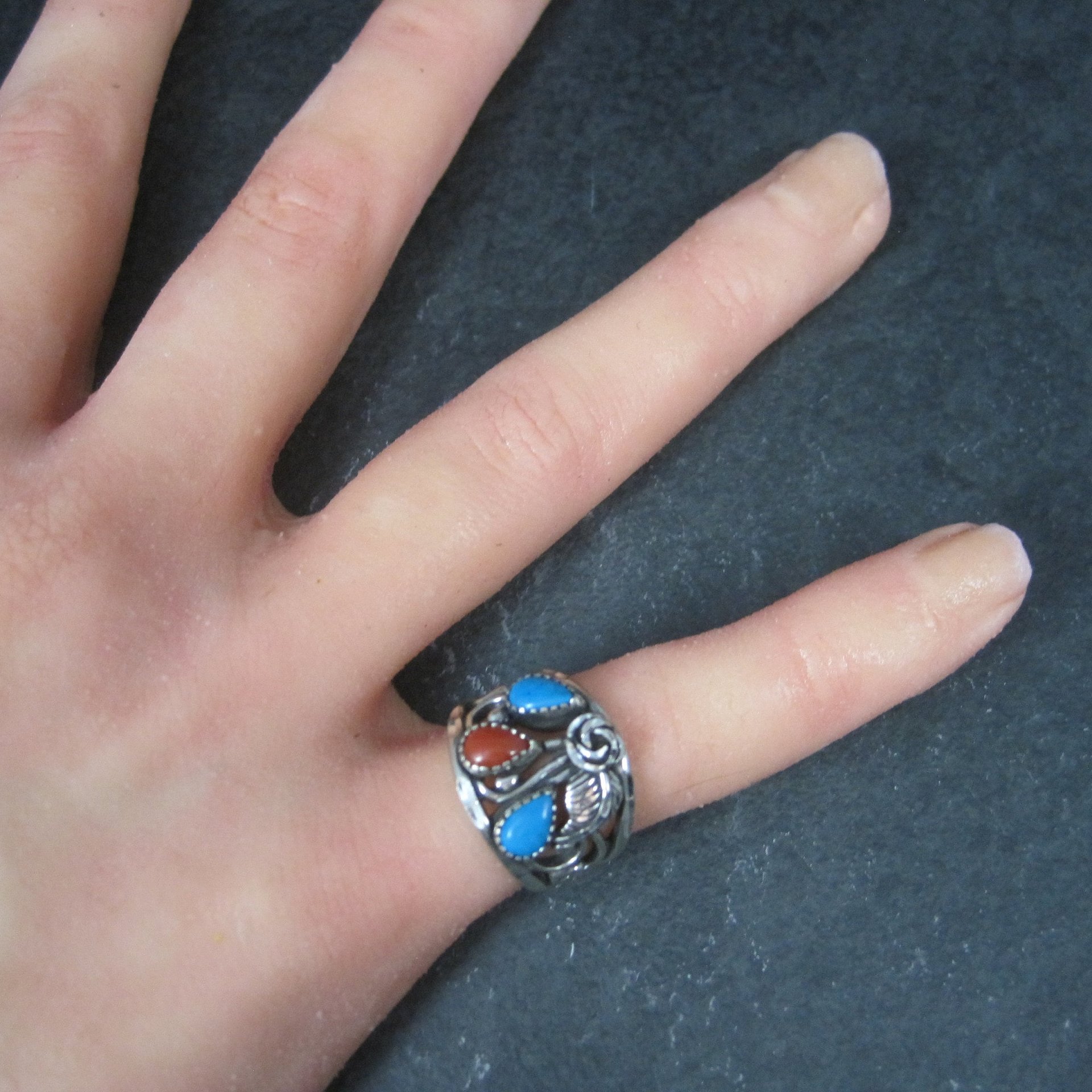 Southwestern Sterling Faux Turquoise Coral Ring Size 5.5