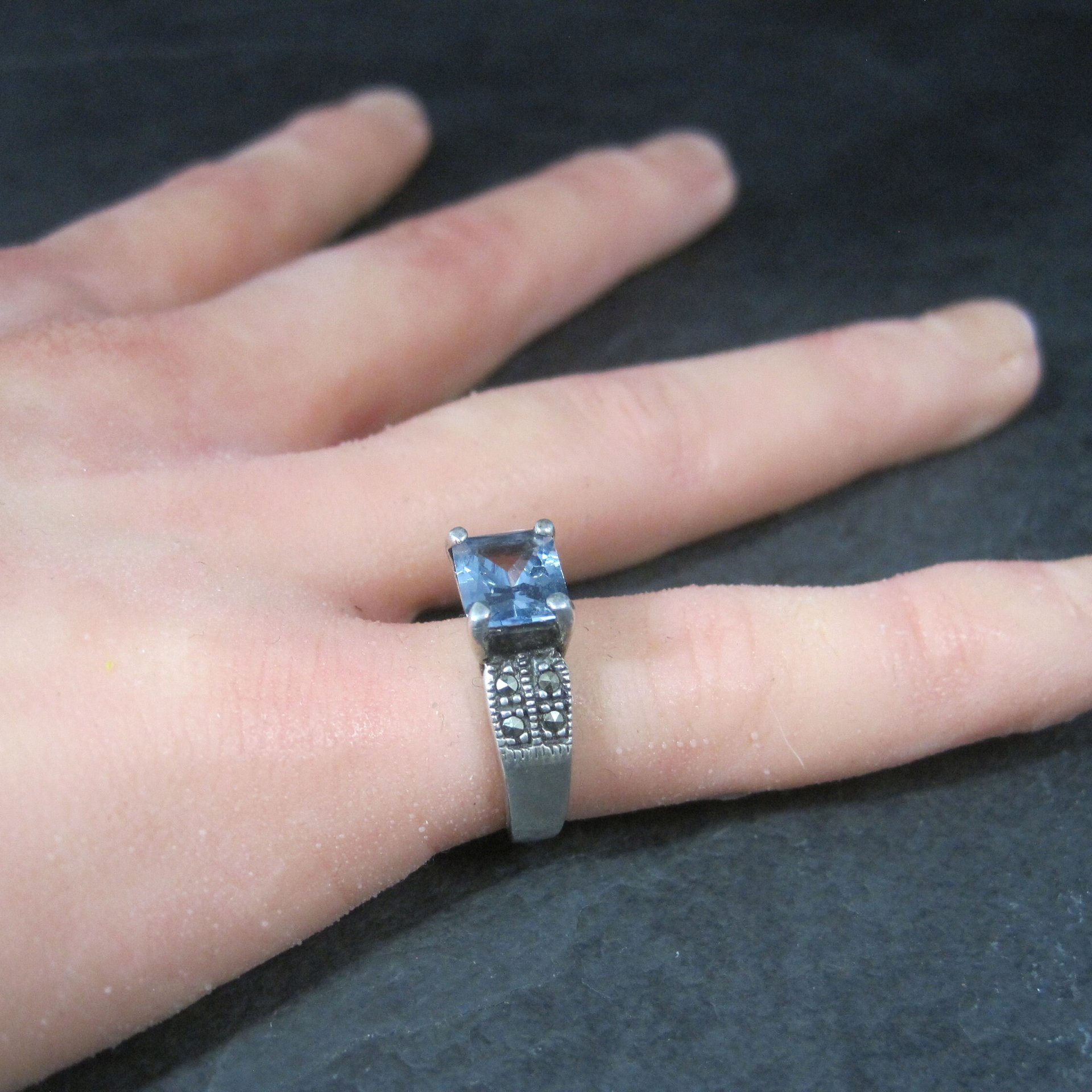 Vintage Sterling Blue Topaz Marcasite Ring Size 6