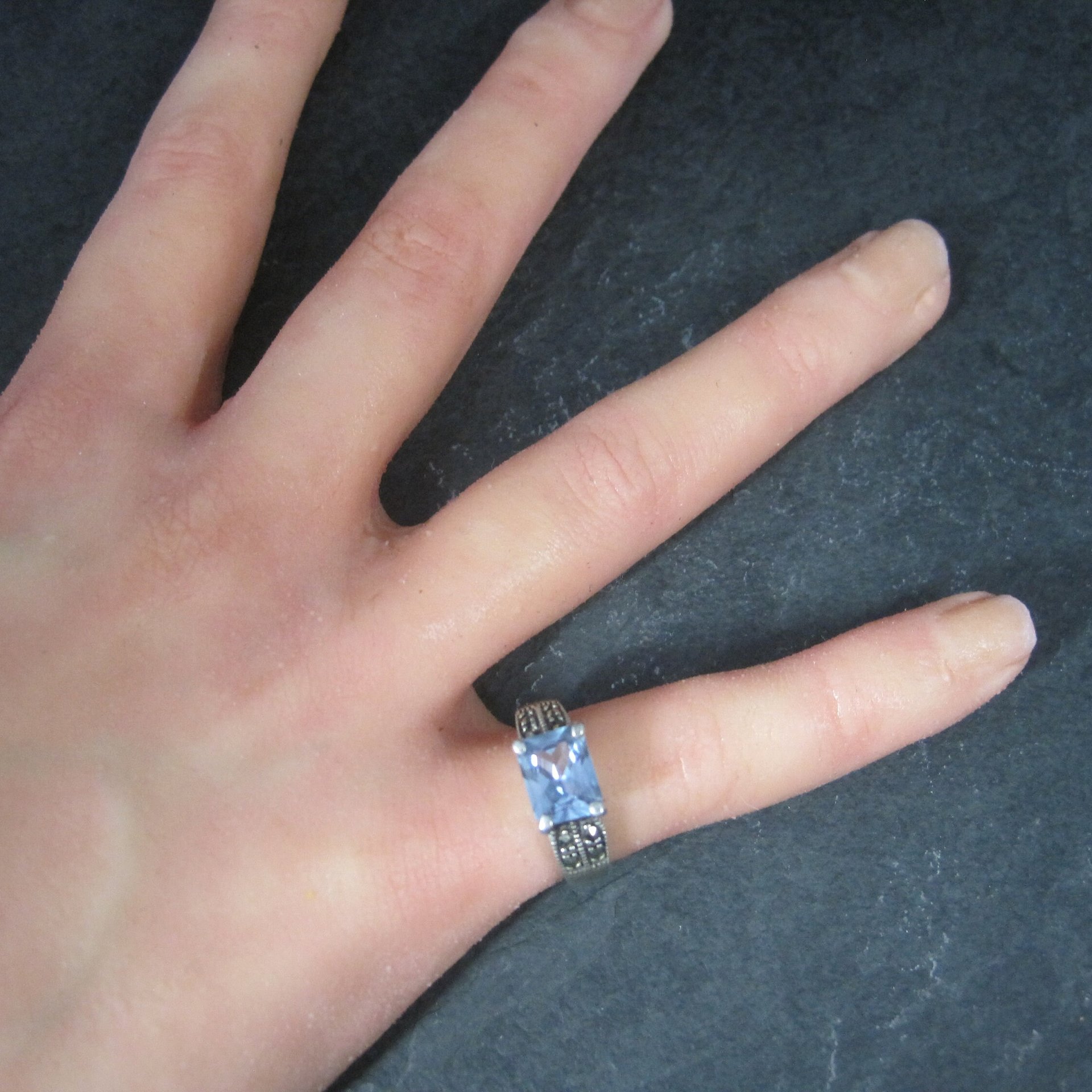 Vintage Sterling Blue Topaz Marcasite Ring Size 6