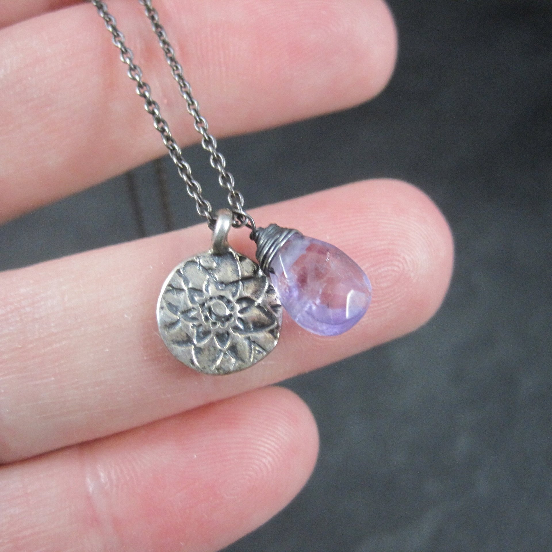 Dainty Vintage Sterling Amethyst Flower Necklace