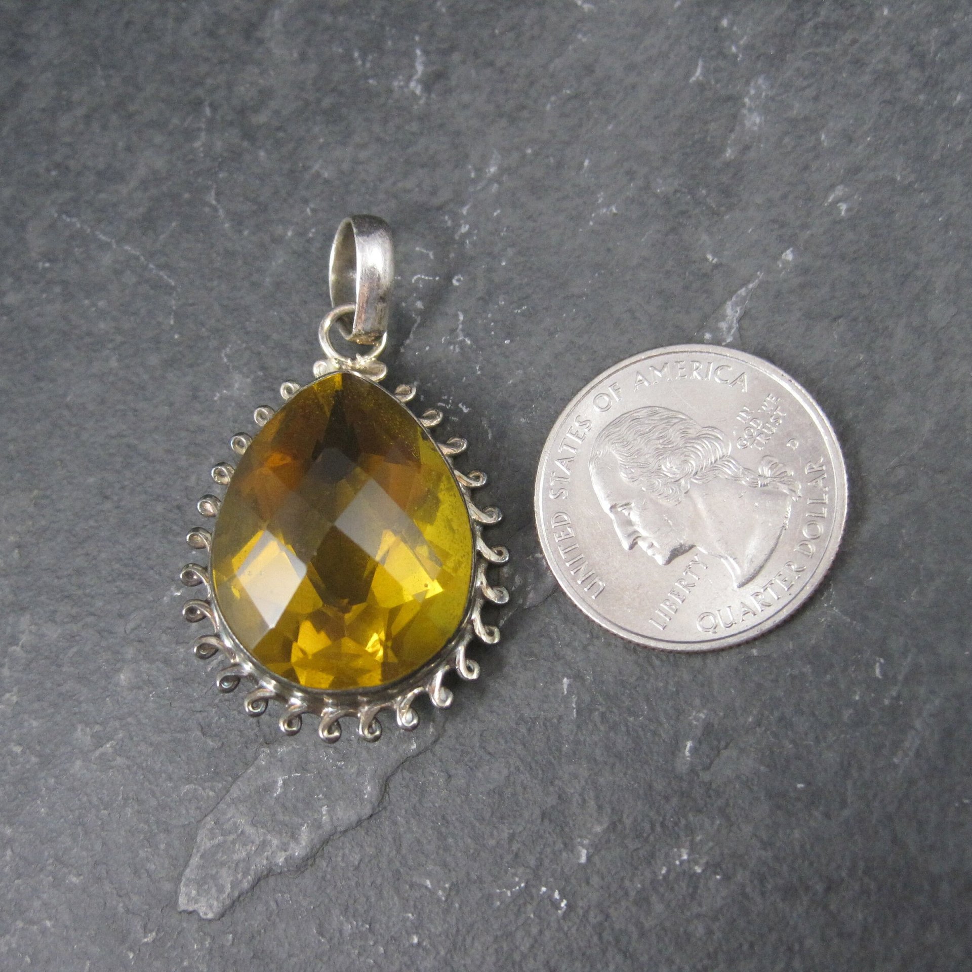 Large 90s Sterling Faceted Yellow Glass Pendant