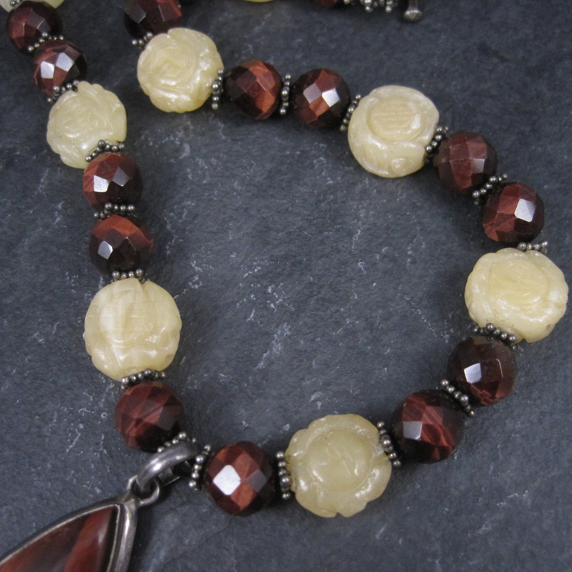 Vintage Sterling Red Tigers Eye Quartz Oriental Necklace