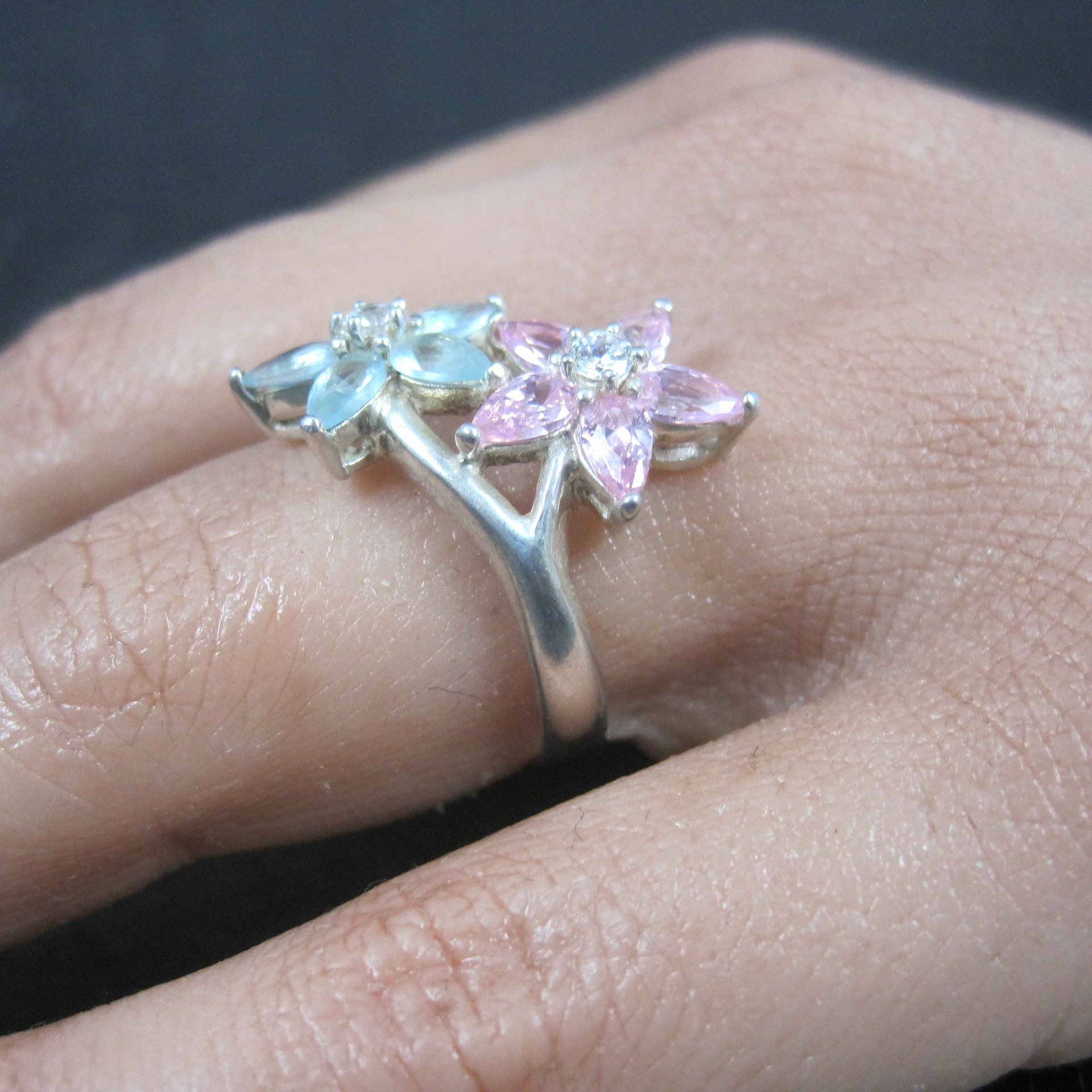 90s Sterling Pink Blue Cz Flower Ring Size 7