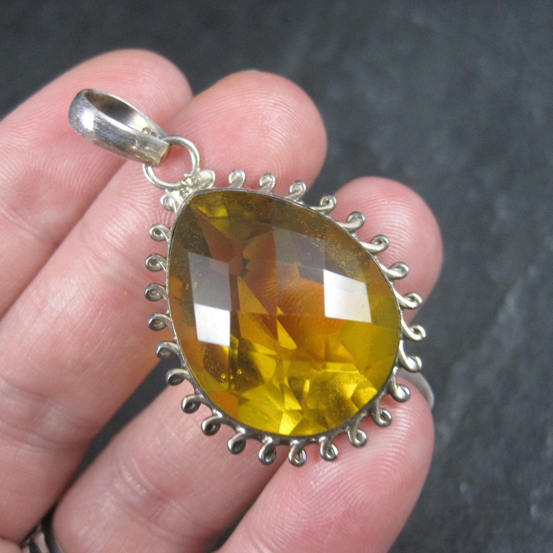 Large 90s Sterling Faceted Yellow Glass Pendant