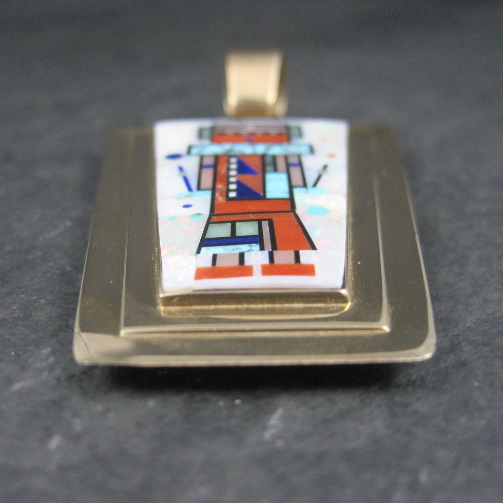 Native American Inlay Pendant Solid 14K Gold Navajo Jerry Nelson Double Sided