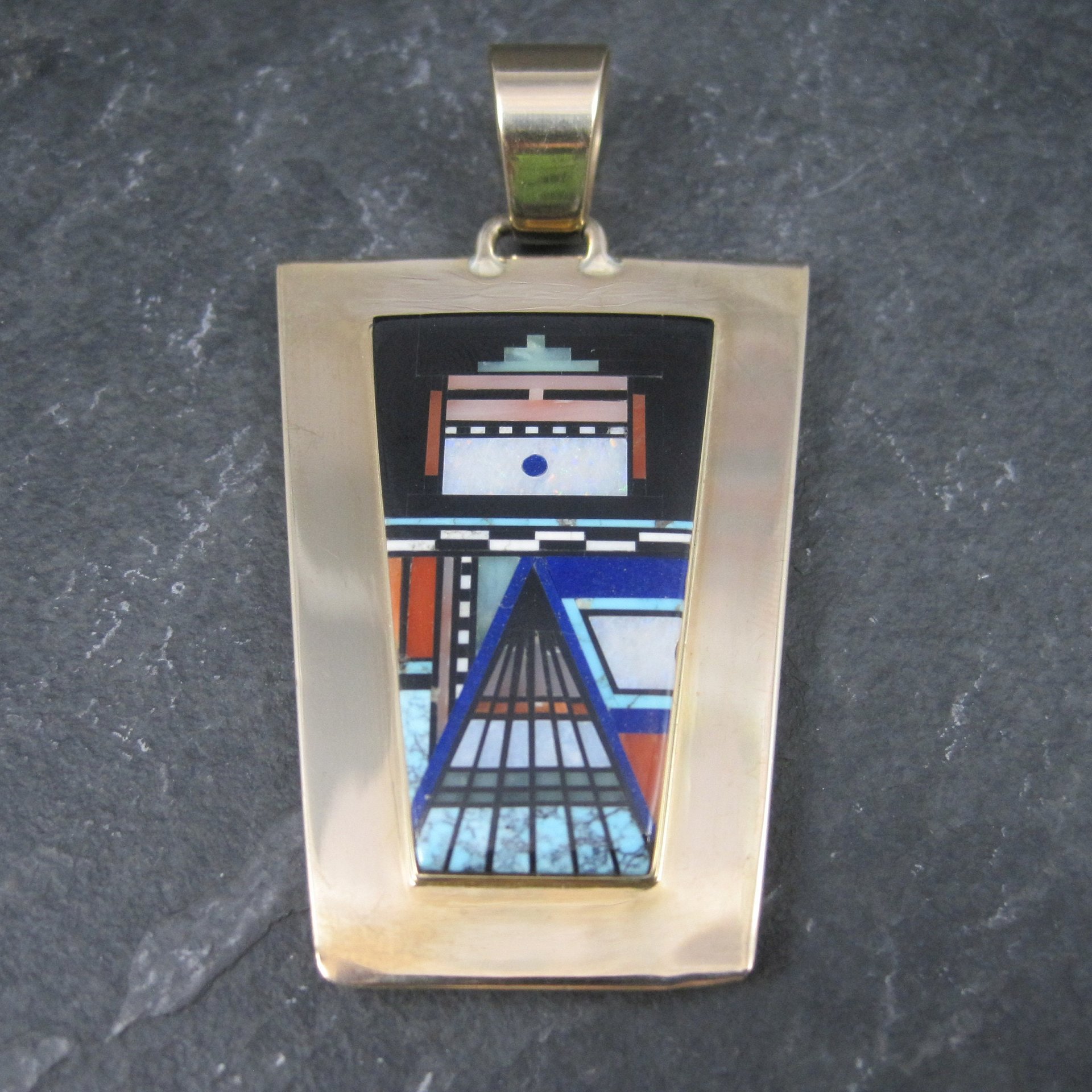 Native American Inlay Pendant Solid 14K Gold Navajo Jerry Nelson Double Sided