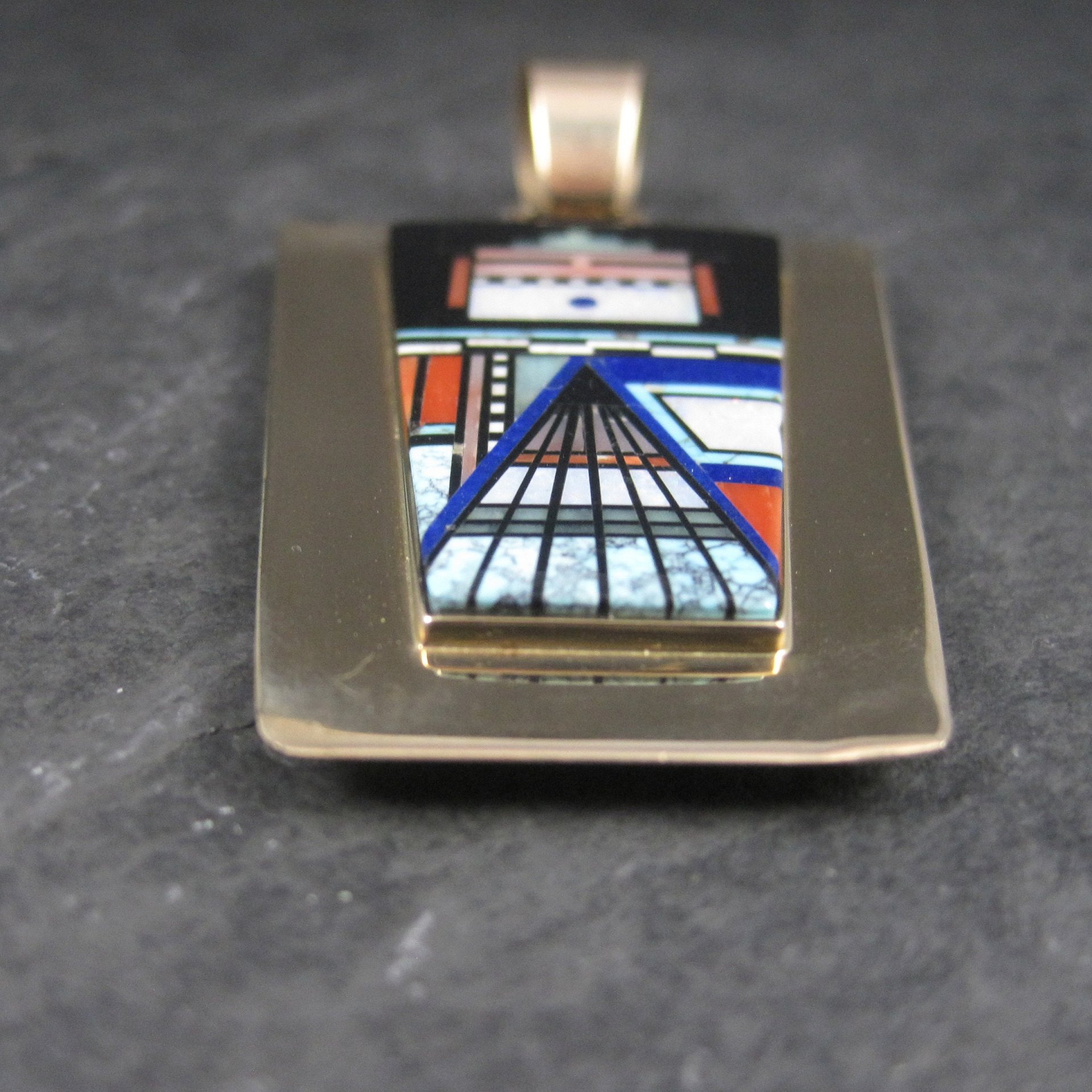 Native American Inlay Pendant Solid 14K Gold Navajo Jerry Nelson Double Sided
