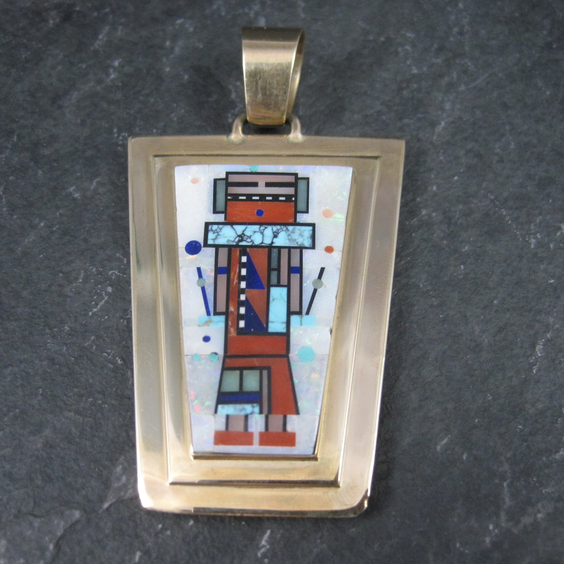 Native American Inlay Pendant Solid 14K Gold Navajo Jerry Nelson Double Sided