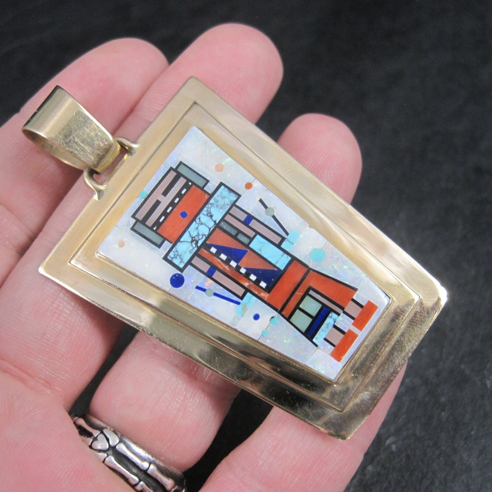 Native American Inlay Pendant Solid 14K Gold Navajo Jerry Nelson Double Sided