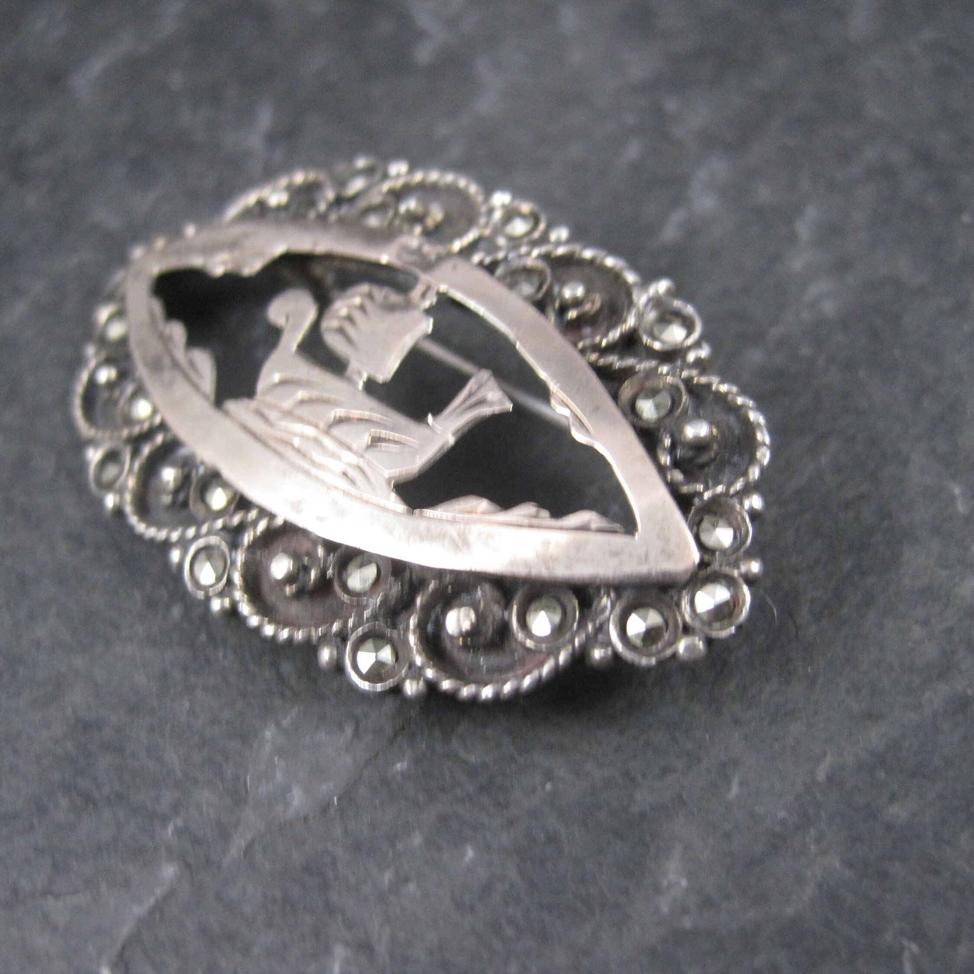 Vintage 800 Silver Greek Ship Marcasite Brooch