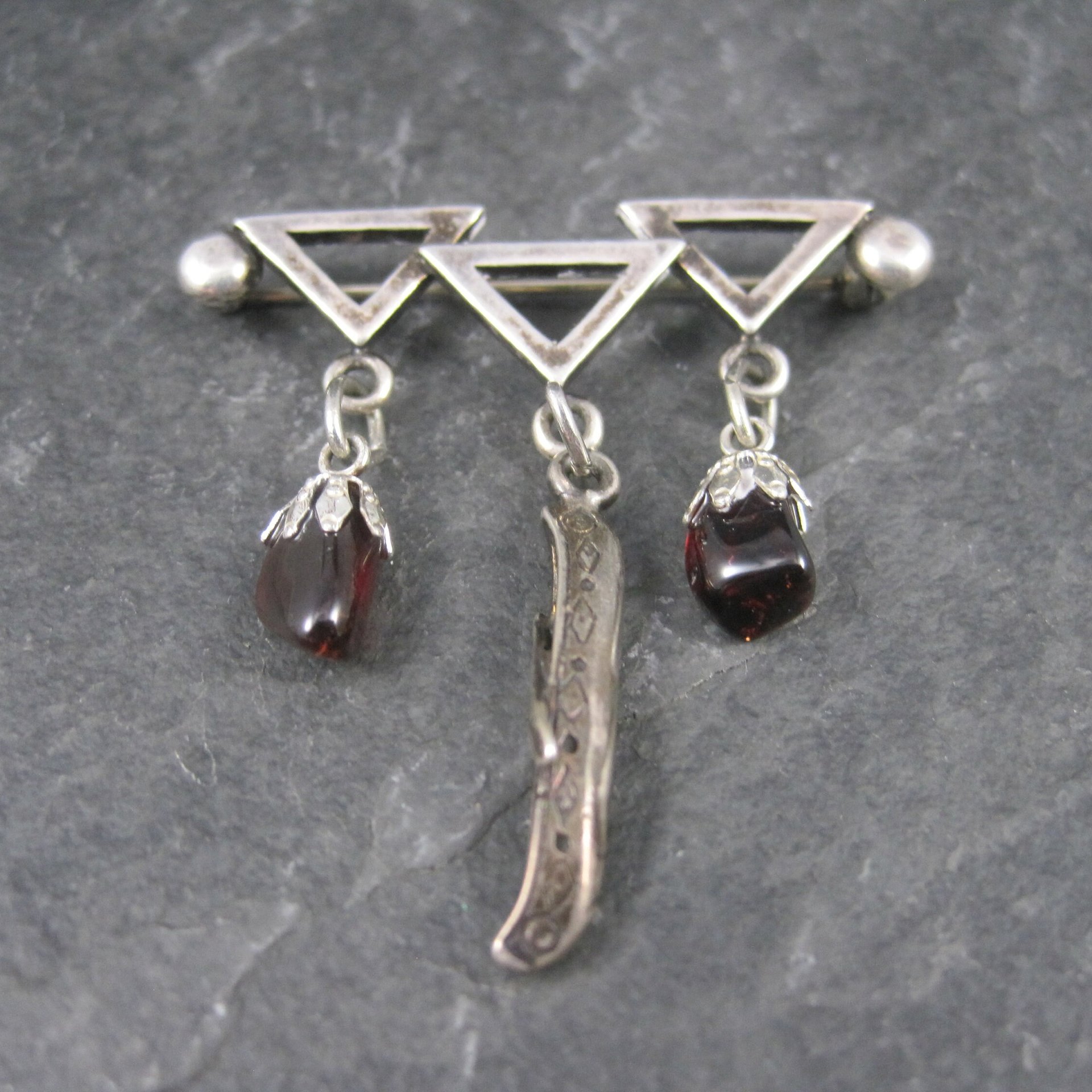 Vintage Sterling Garnet Canoe Brooch