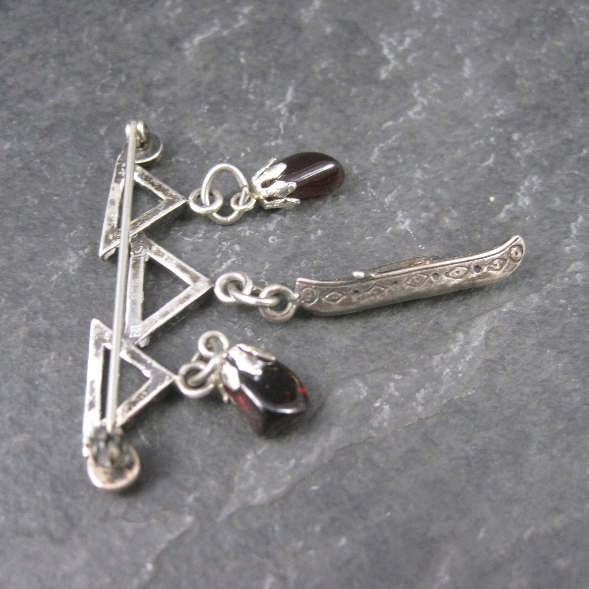 Vintage Sterling Garnet Canoe Brooch