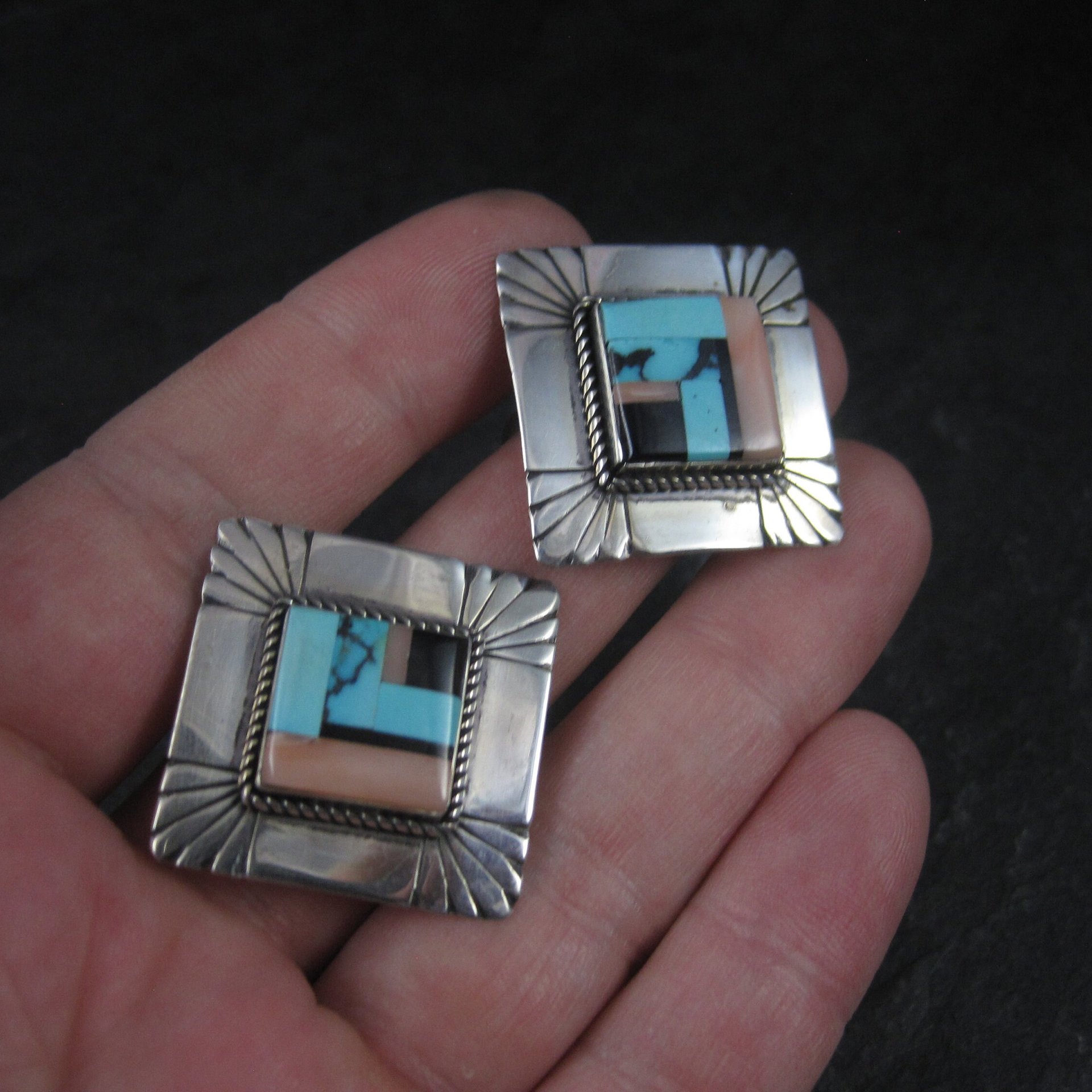 Vintage Southwestern Sterling Inlay Clip On Earrings