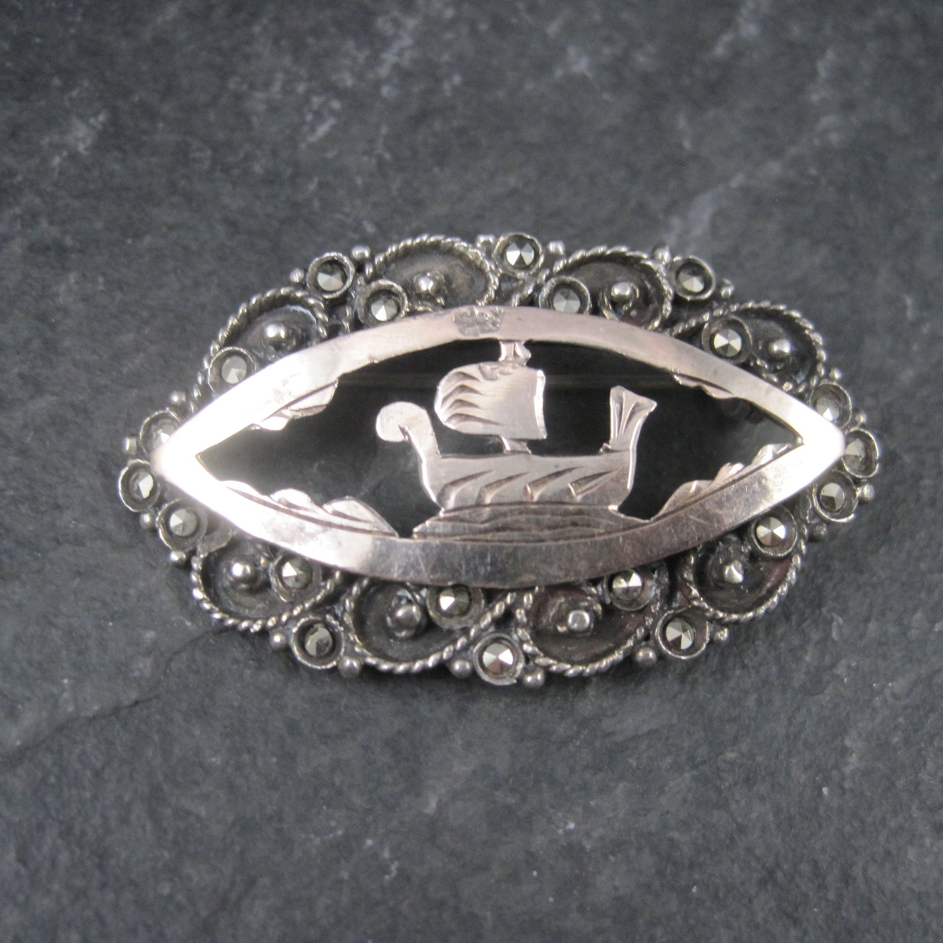 Vintage 800 Silver Greek Ship Marcasite Brooch