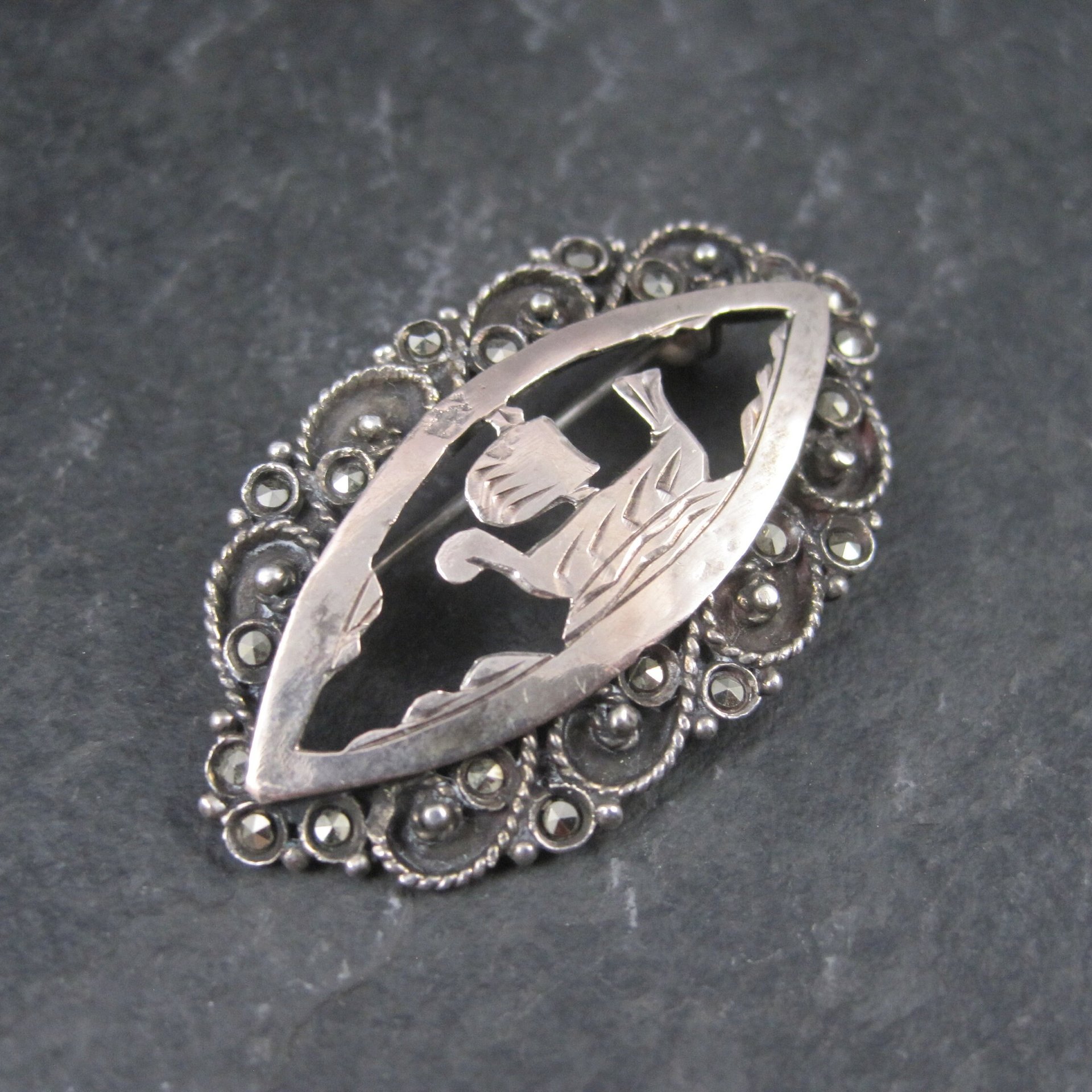 Vintage 800 Silver Greek Ship Marcasite Brooch