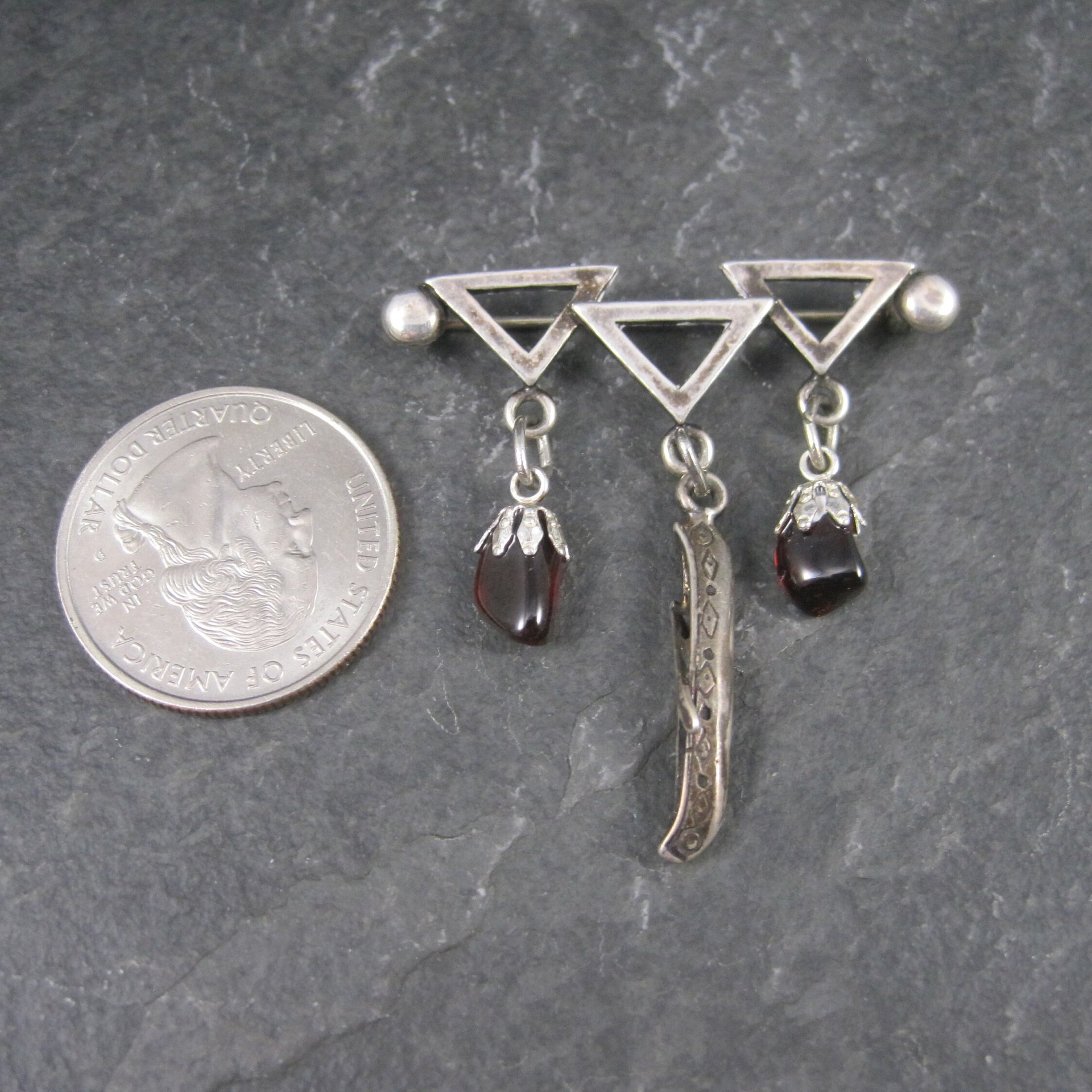 Vintage Sterling Garnet Canoe Brooch