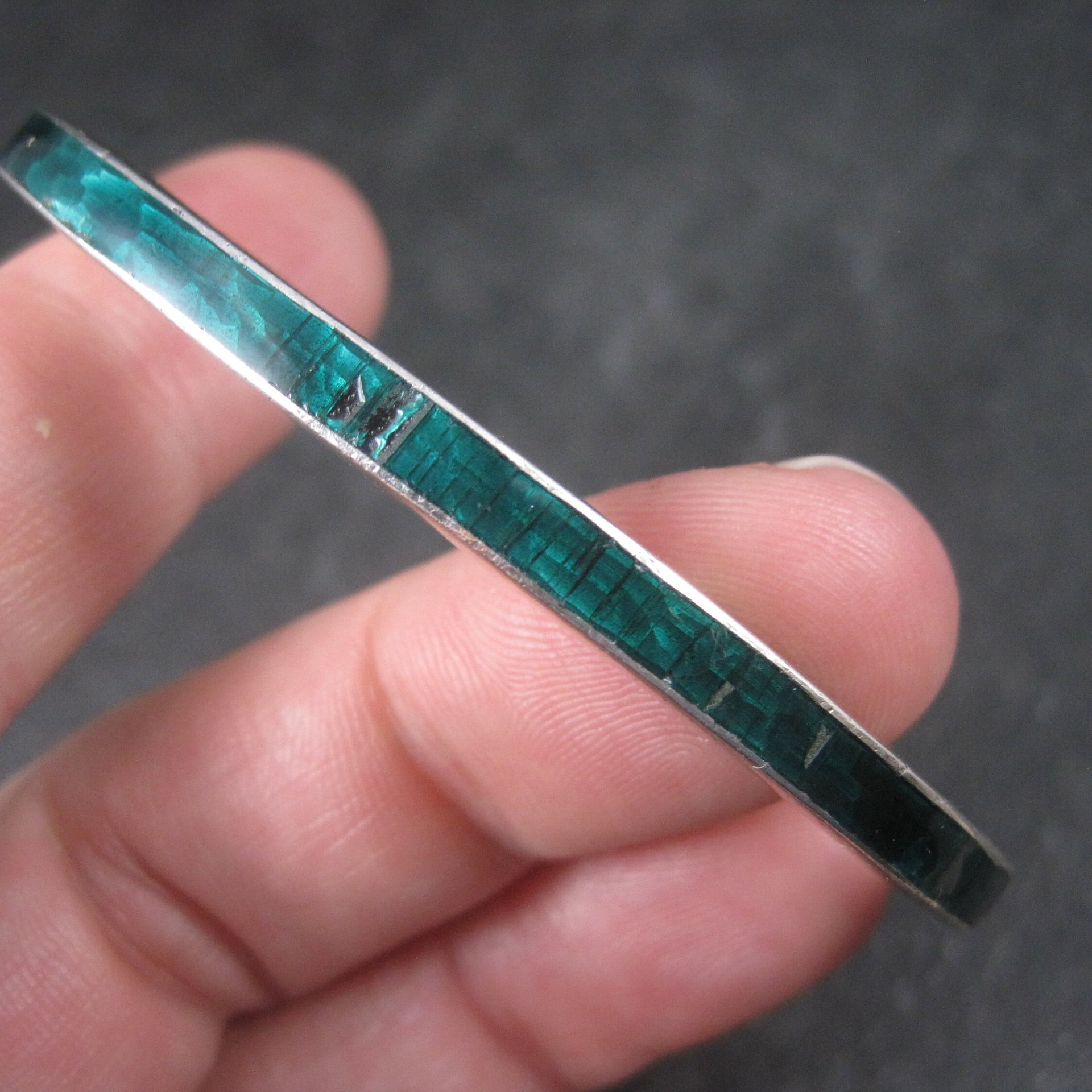 Vintage Sterling Green Enamel Cuff Bracelet 6.25 Inches