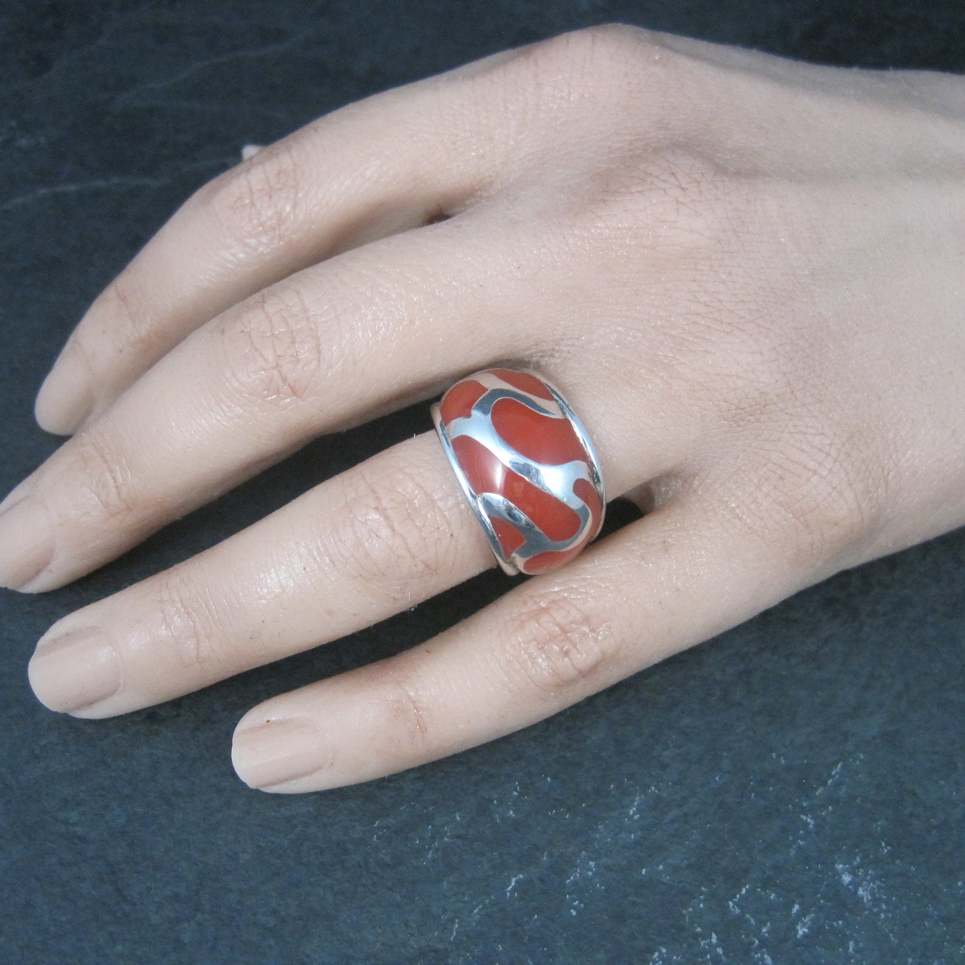 Vintage Sterling Red Enamel Ring Size 7.5