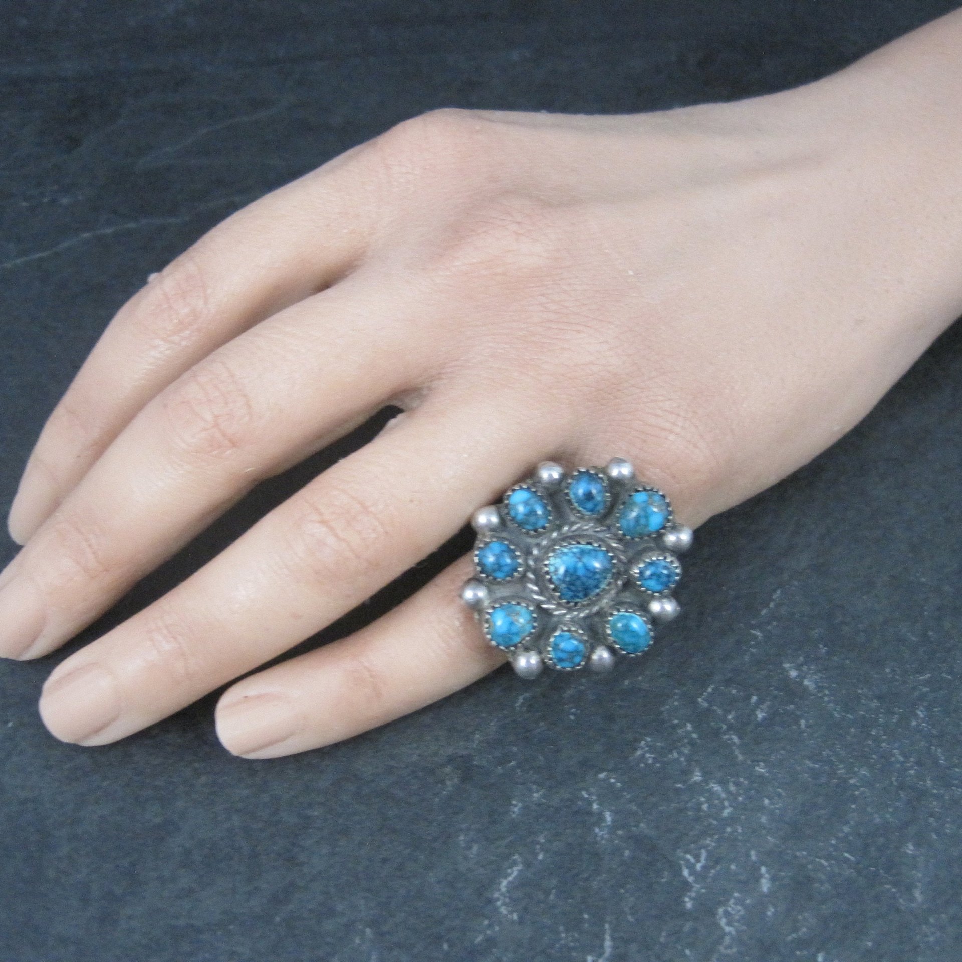 Southwestern Sterling Turquoise Cluster Ring Size 5