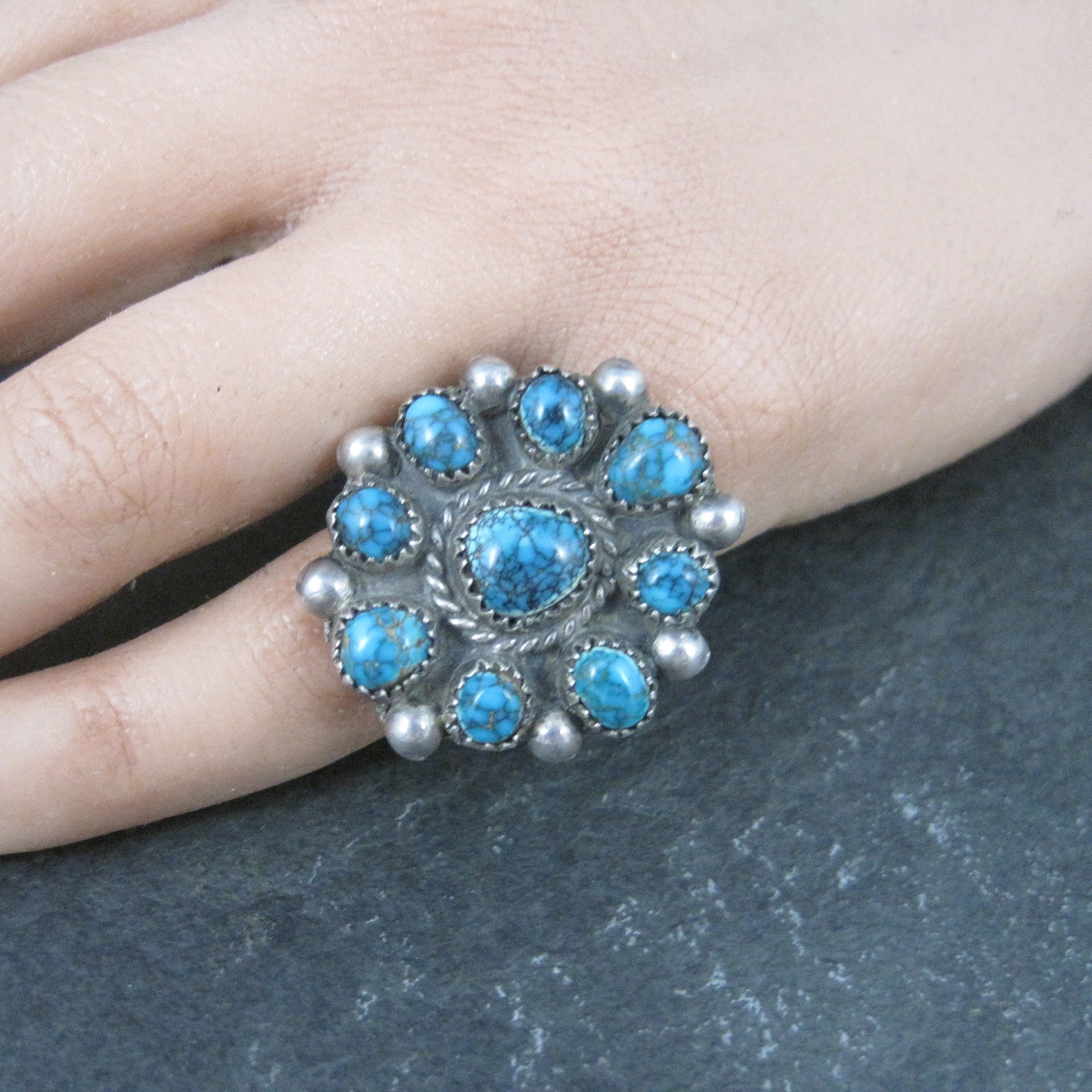 Southwestern Sterling Turquoise Cluster Ring Size 5