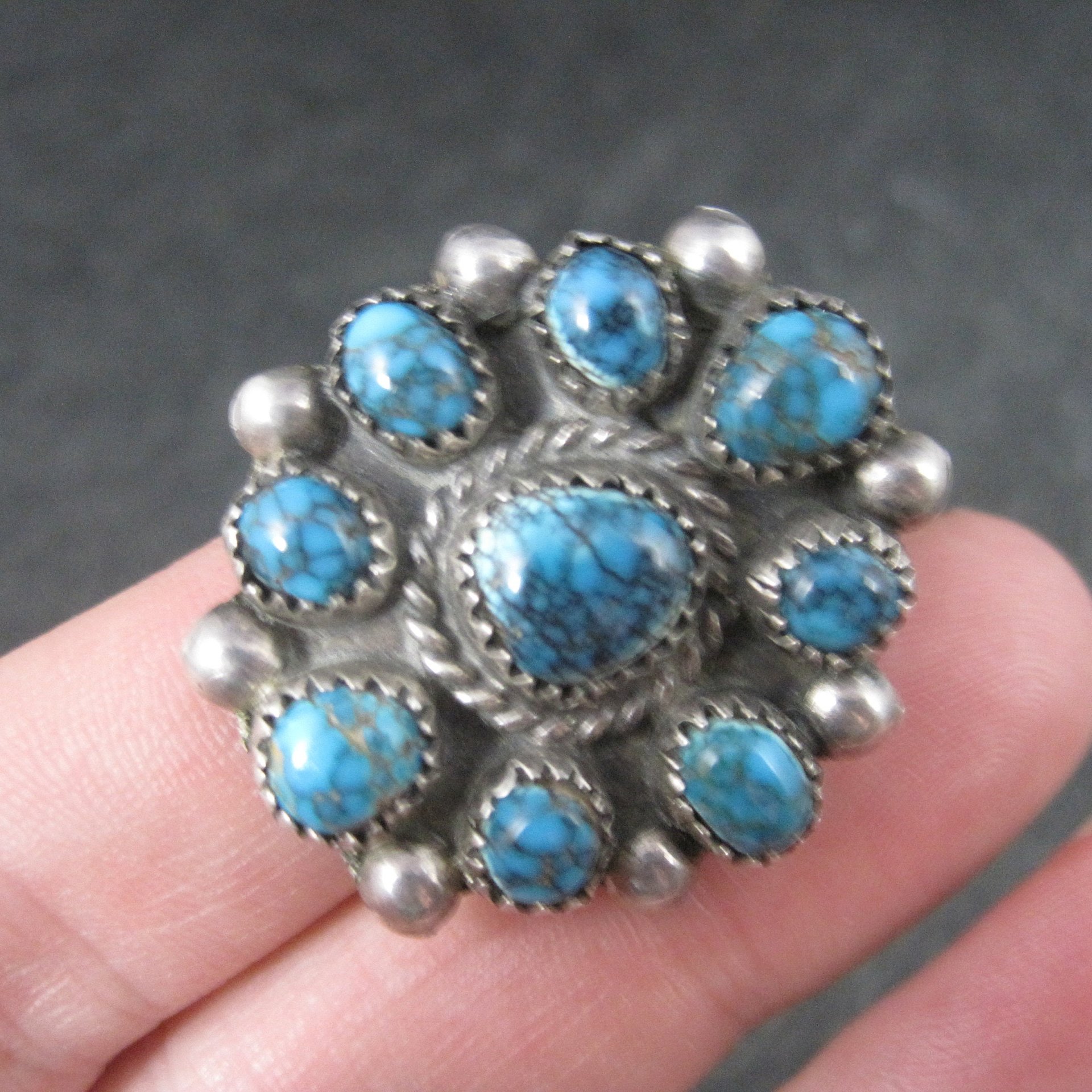 Southwestern Sterling Turquoise Cluster Ring Size 5