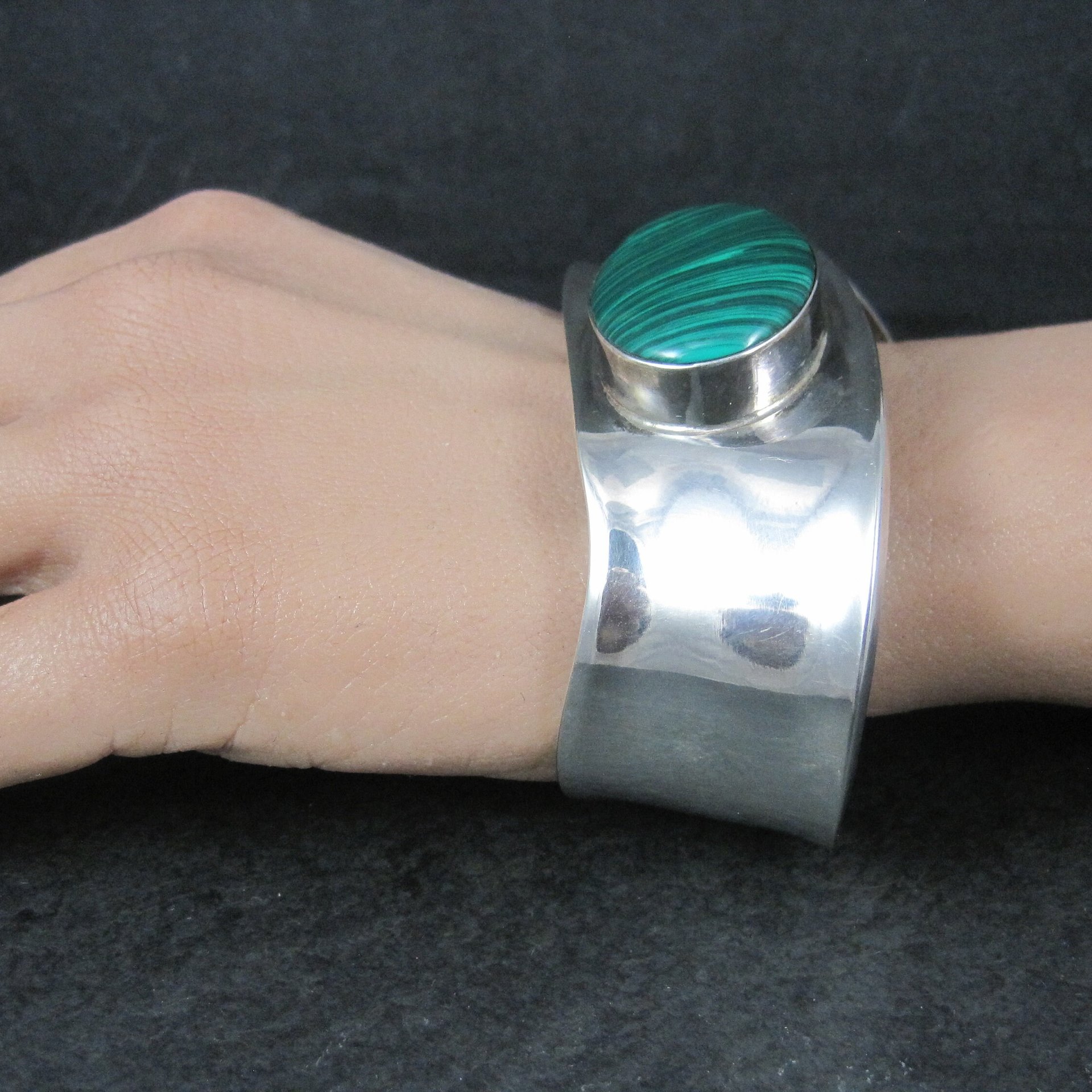 Mexican Sterling Faux Malachite Cuff Bracelet 7 Inches