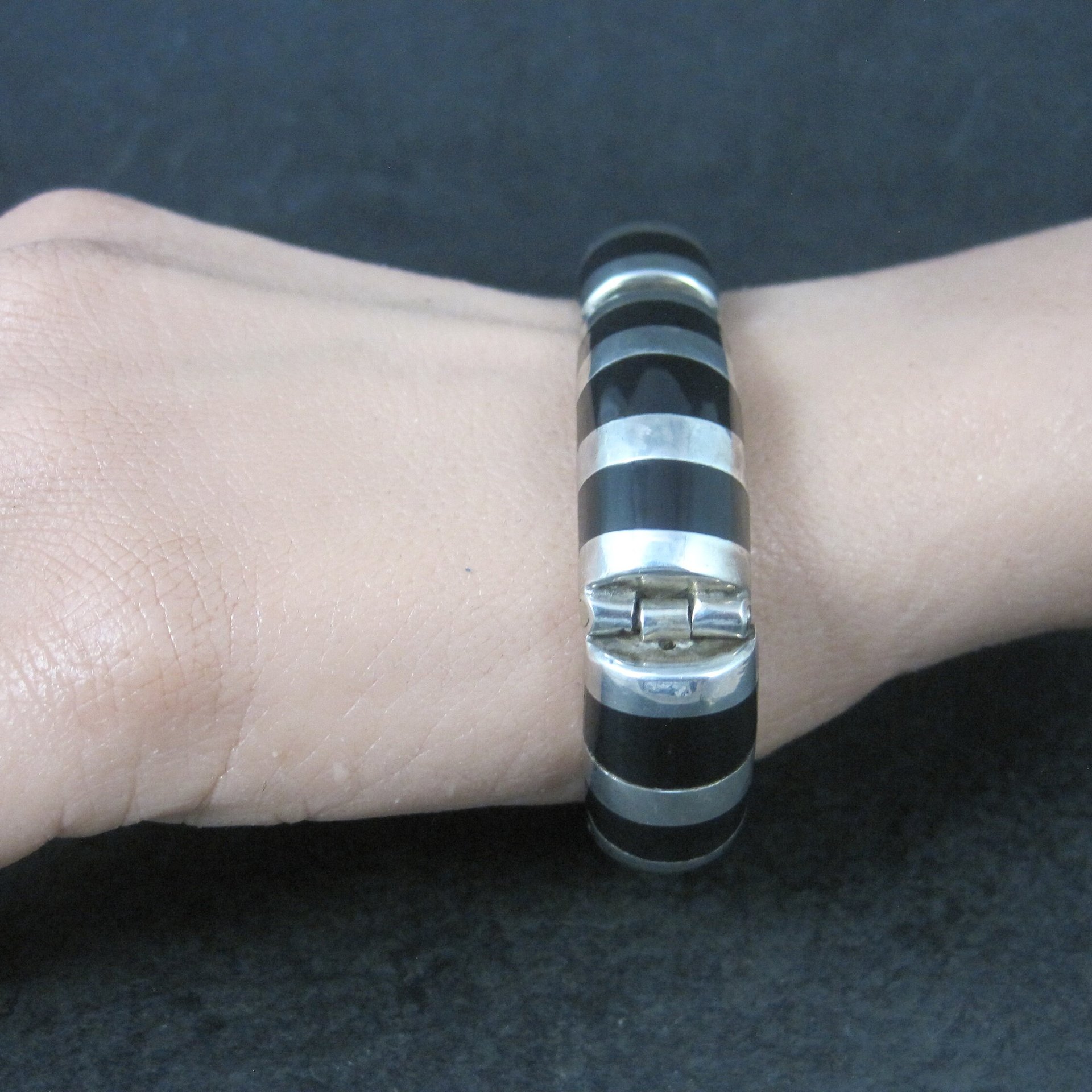 Mexican Sterling Onyx Inlay Bracelet 6.75 Inches