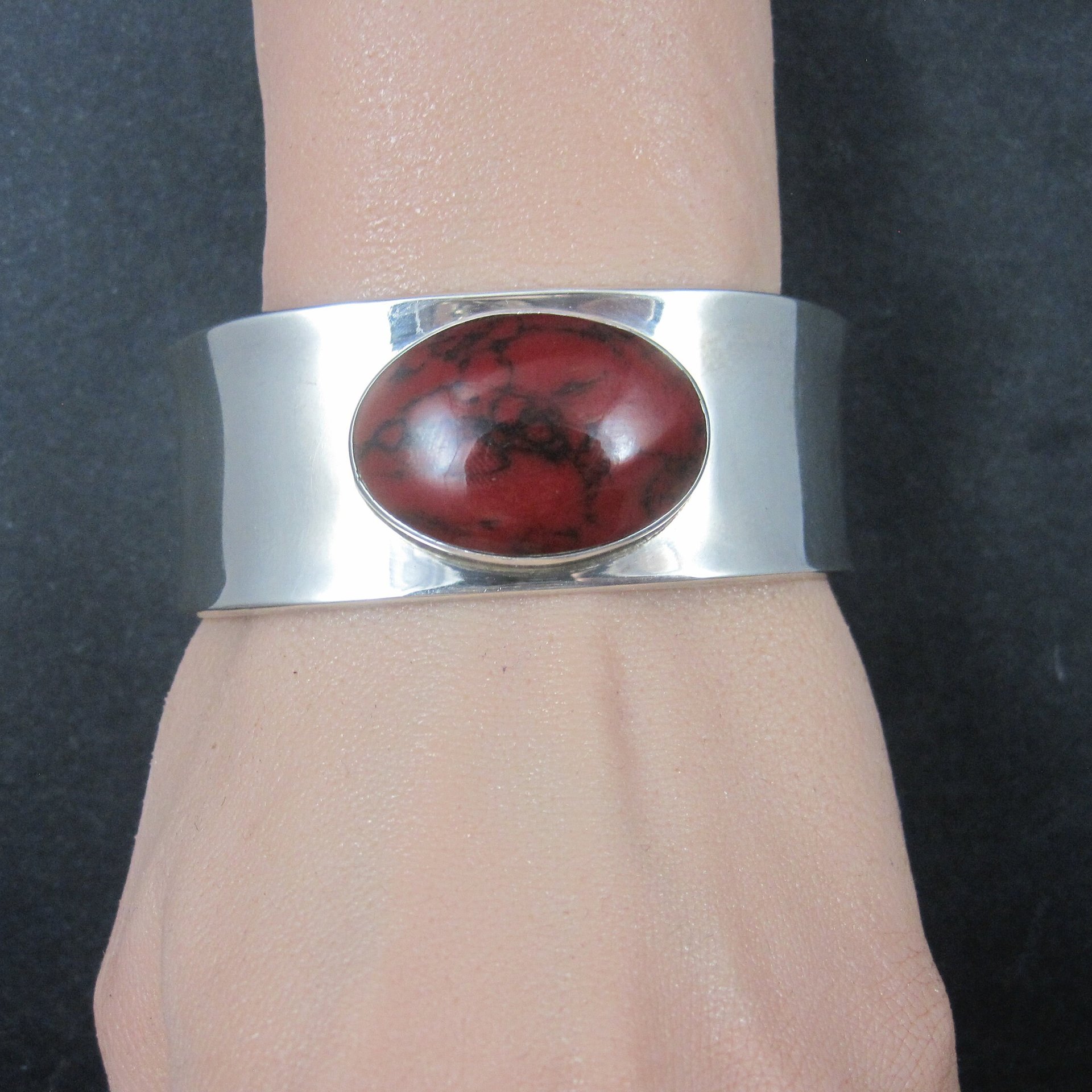 Mexican Sterling Faux Red Jasper Cuff Bracelet 6.75 Inches