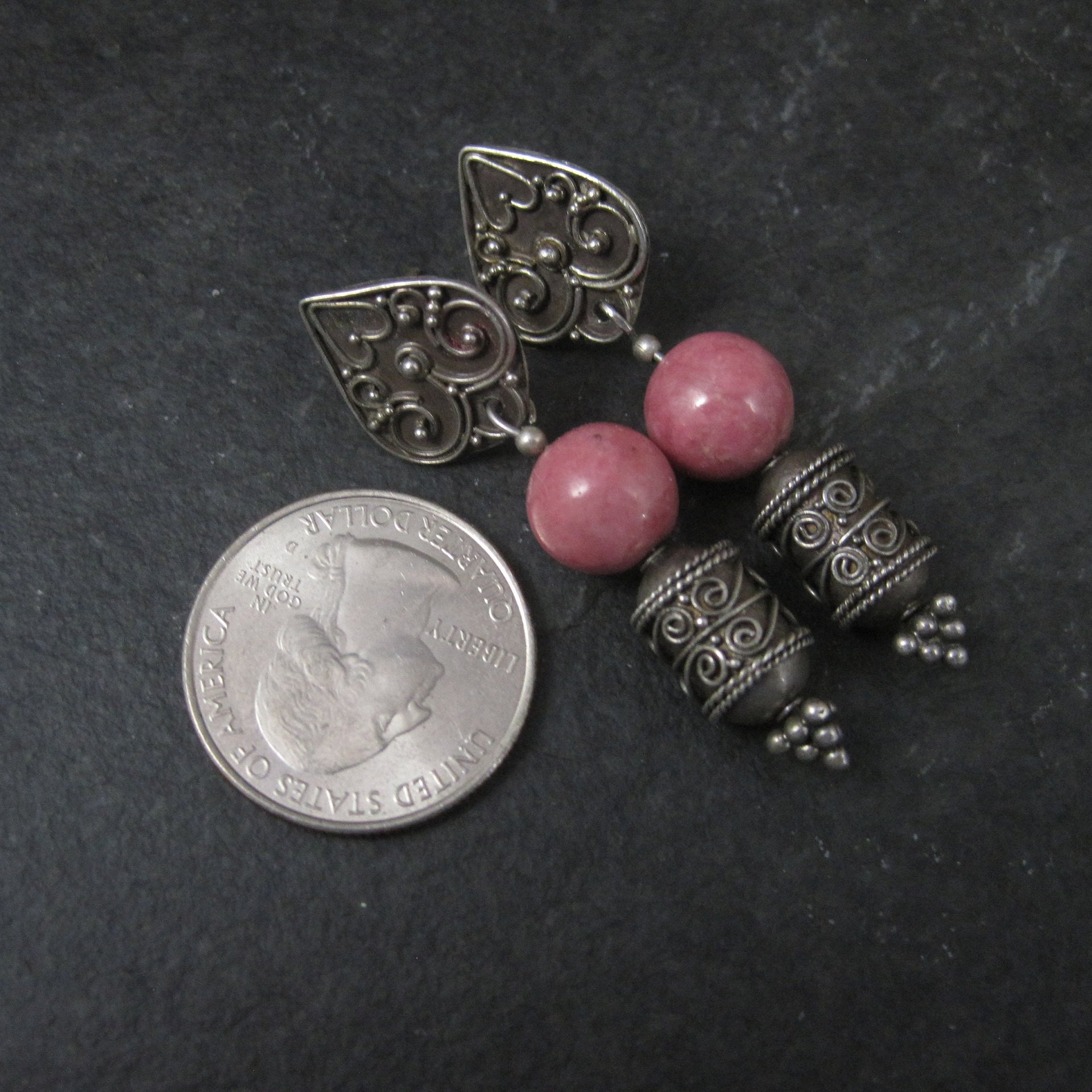 Long Vintage Sterling Rhodochrosite Earrings