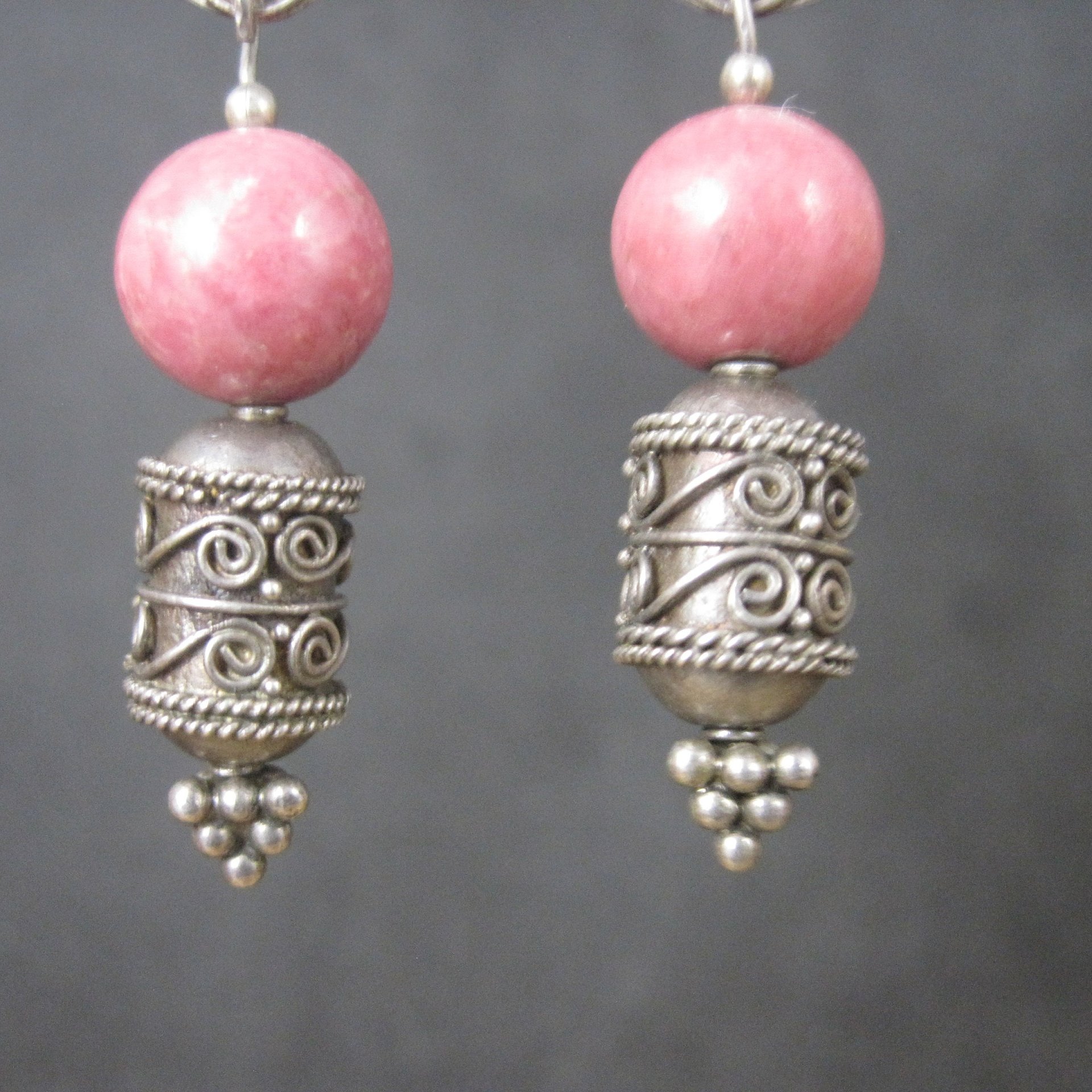 Long Vintage Sterling Rhodochrosite Earrings