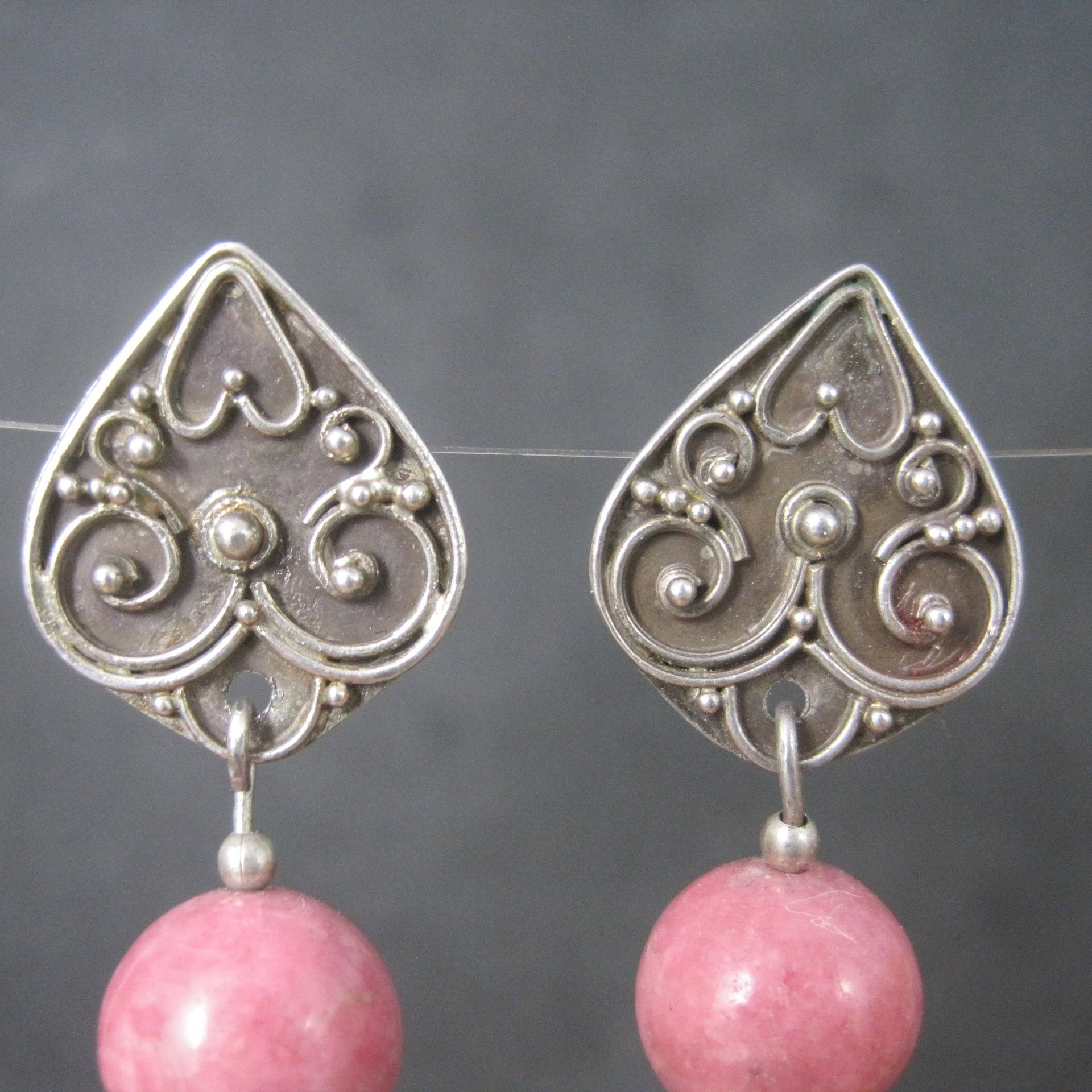 Long Vintage Sterling Rhodochrosite Earrings