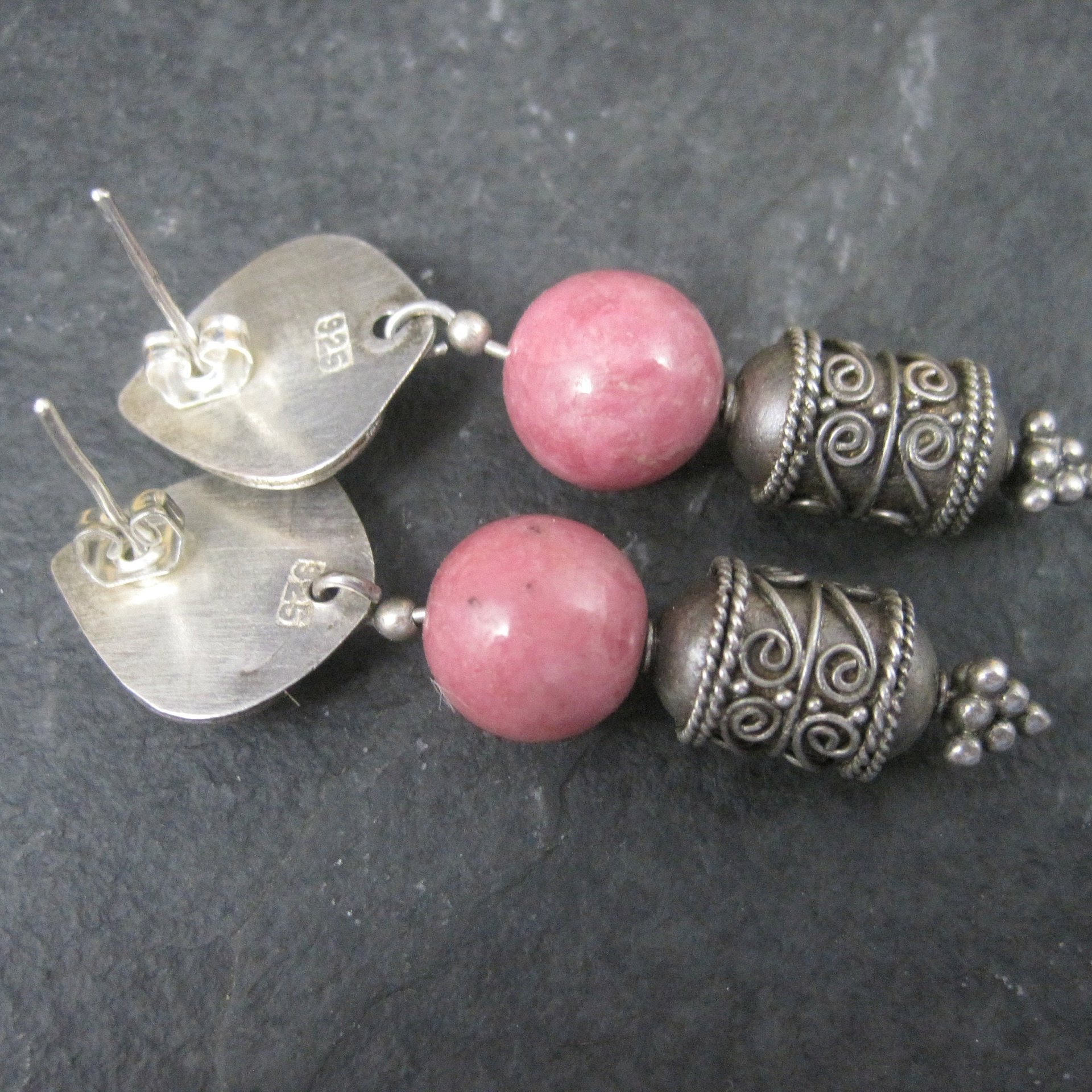 Long Vintage Sterling Rhodochrosite Earrings
