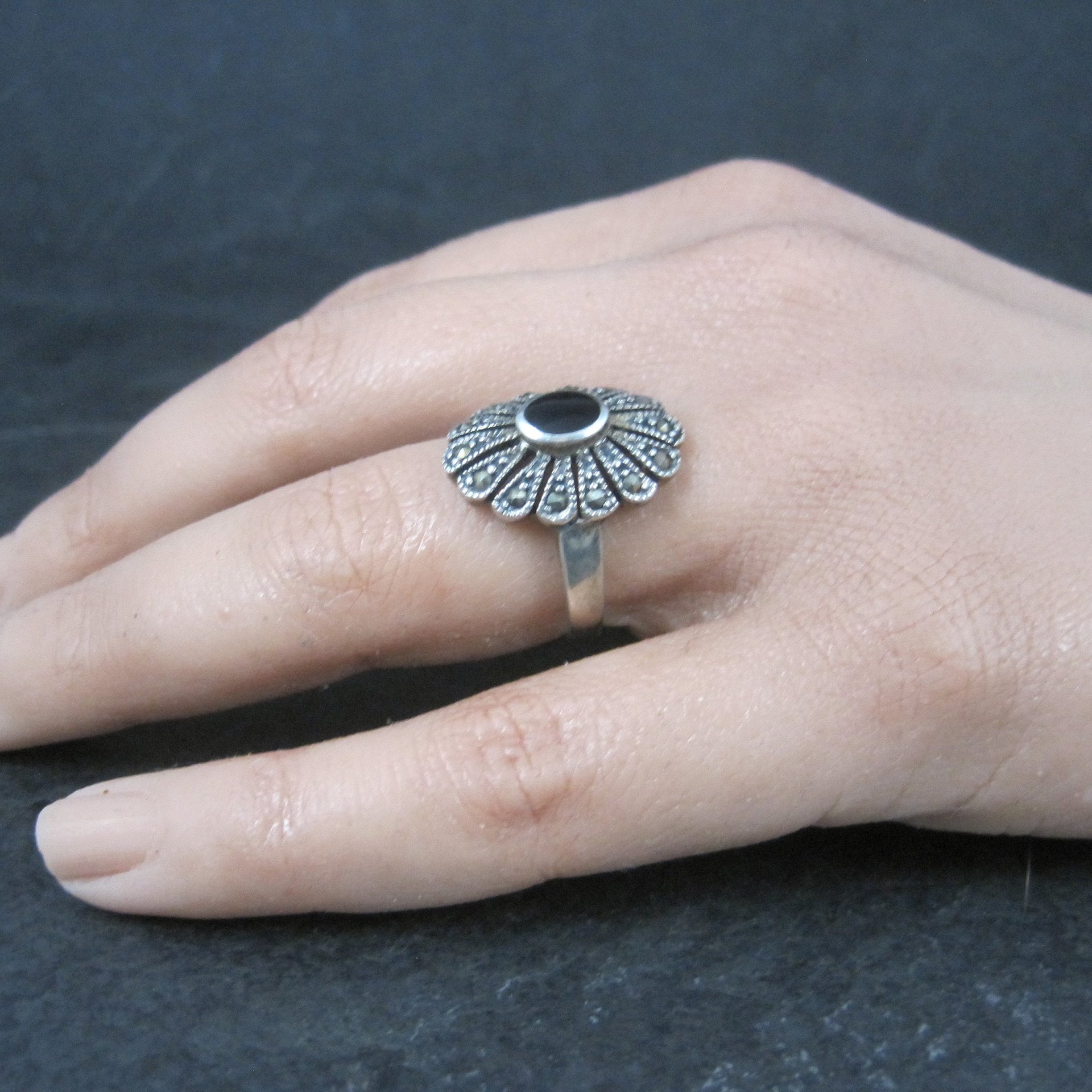 Vintage Sterling Onyx Marcasite Ring Size 7