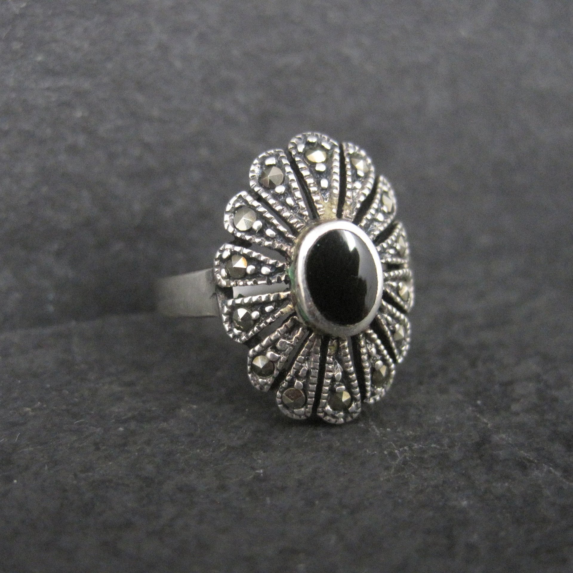 Vintage Sterling Onyx Marcasite Ring Size 7