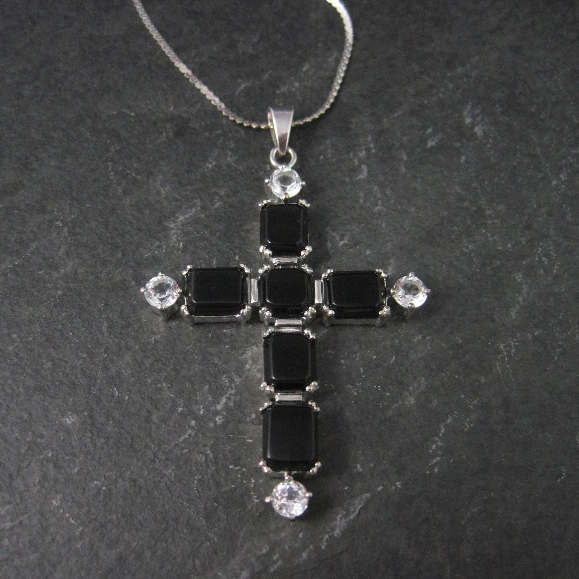 Estate Sterling Black White Topaz Cross Pendant Necklace